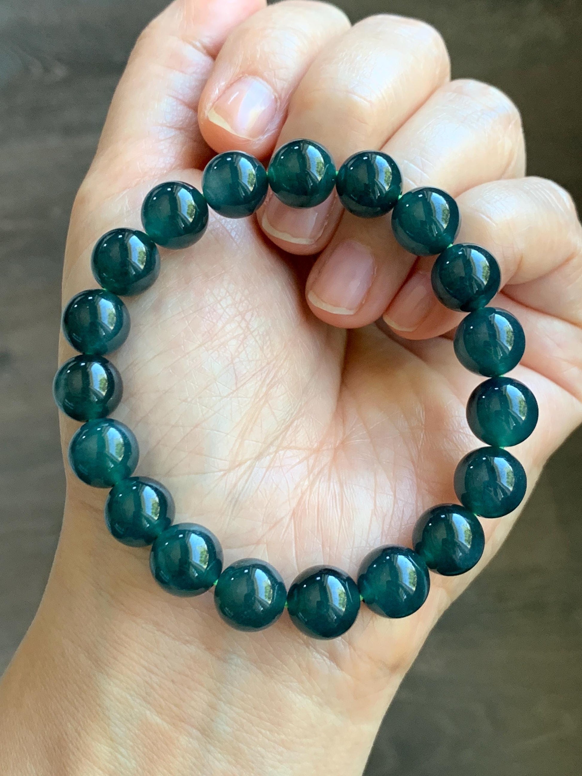 Natural Guatemalan Grade A Icy Translucent Dark Teal Blue Jade Jadeite Beaded Bracelet Stretchy 9.9mm 7” 32g 天然冰危深蓝绿翡翠圆珠手串 WSL268