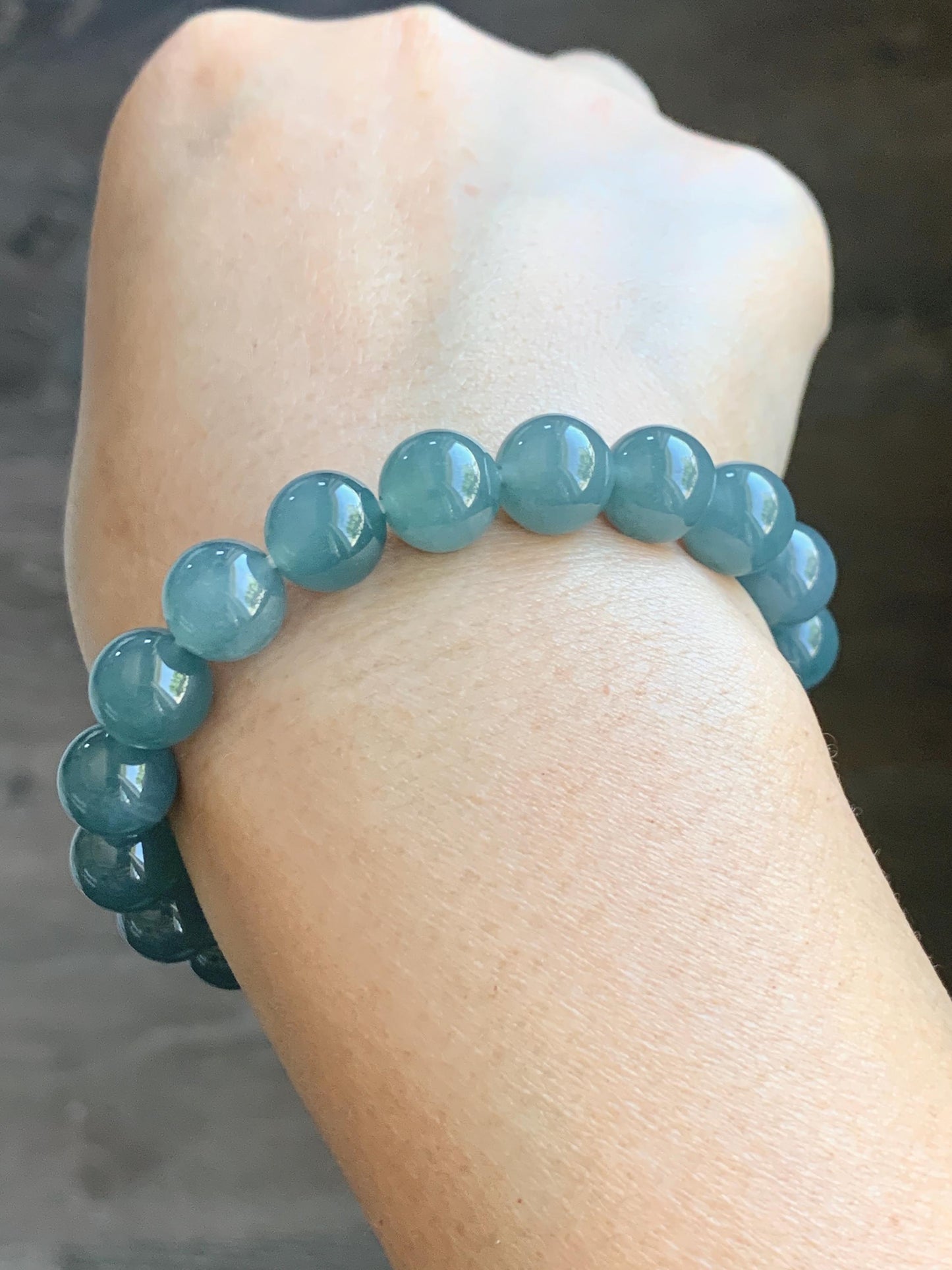 Natural Grade A Guatemalan Icy Translucent Dusty Blue Jade Jadeite Beaded Bracelet Stretchy 9.6mm 7” 31g 天然冰危蓝翡翠圆珠手串 WQL150