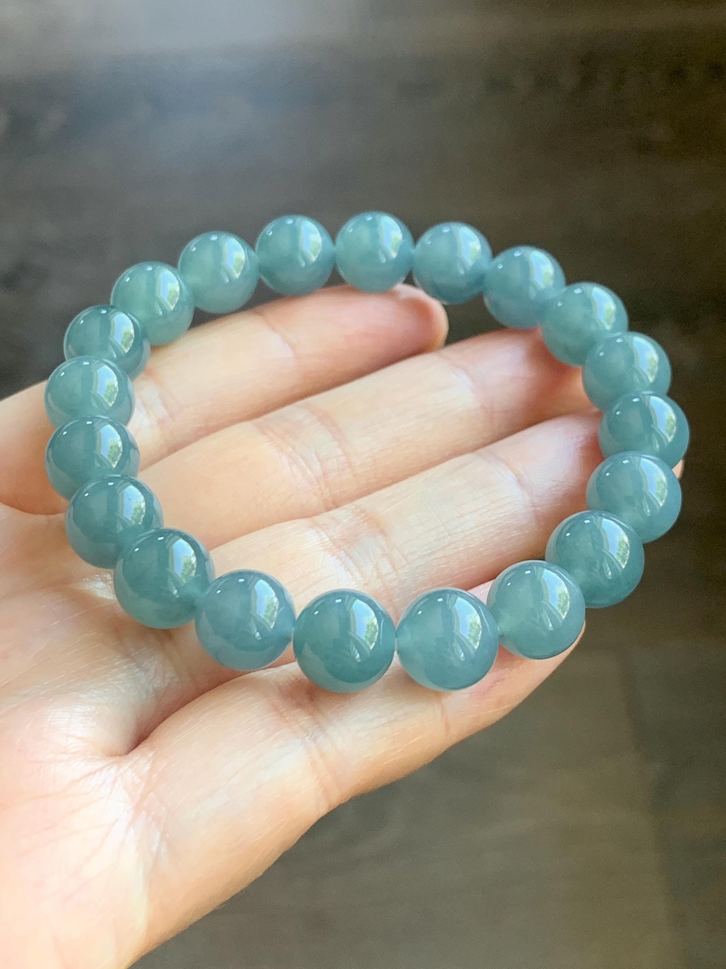 Natural Grade A Guatemalan Icy Translucent Dusty Blue Jade Jadeite Beaded Bracelet Stretchy 9.6mm 7” 31g 天然冰危蓝翡翠圆珠手串 WQL150