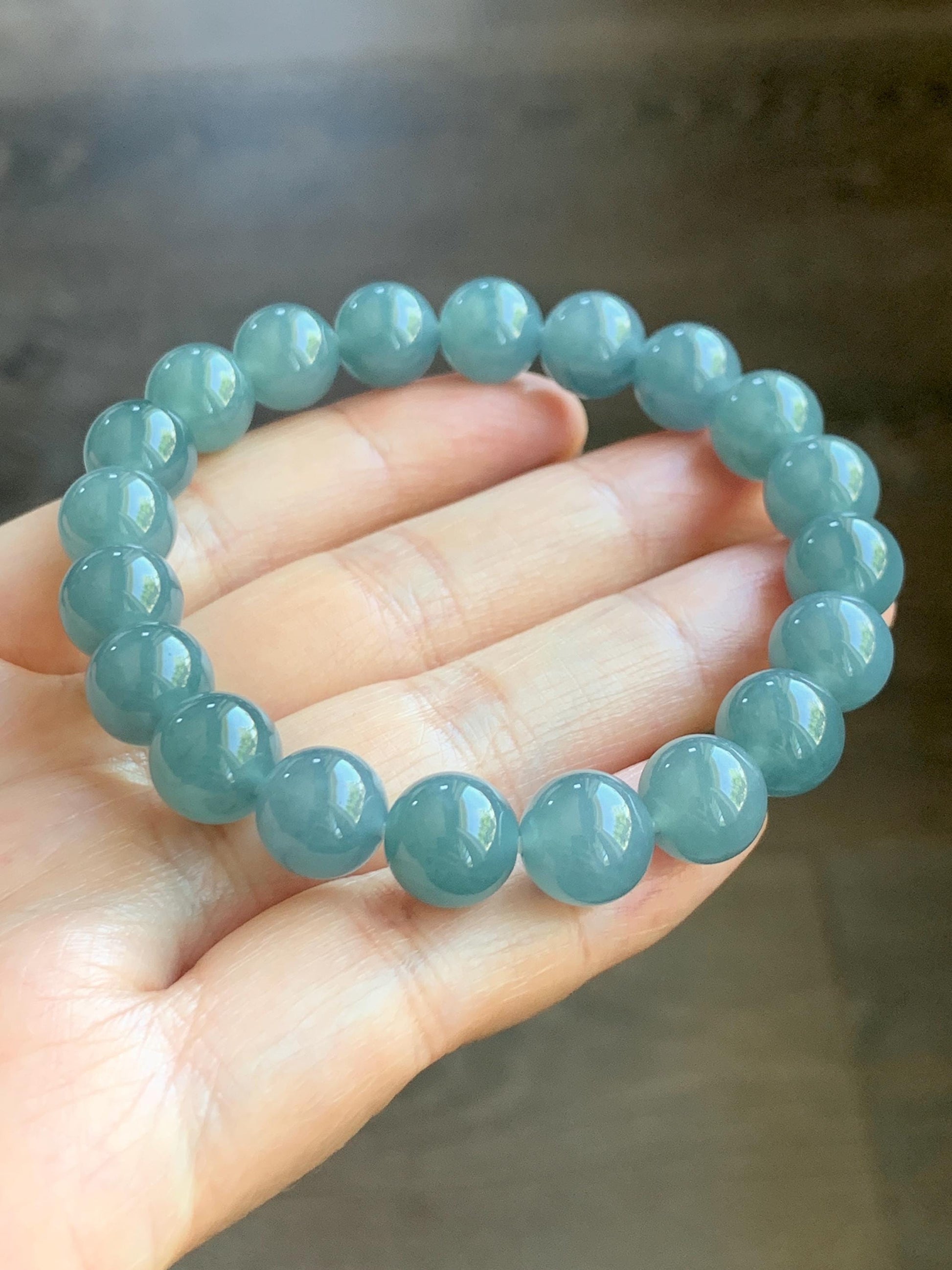 Natural Grade A Guatemalan Icy Translucent Dusty Blue Jade Jadeite Beaded Bracelet Stretchy 9.6mm 7” 31g 天然冰危蓝翡翠圆珠手串 WQL150