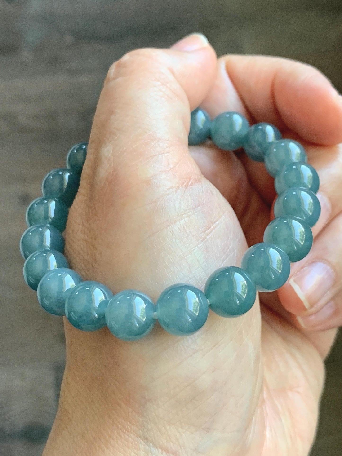 Natural Grade A Guatemalan Icy Translucent Dusty Blue Jade Jadeite Beaded Bracelet Stretchy 9.6mm 7” 31g 天然冰危蓝翡翠圆珠手串 WQL150
