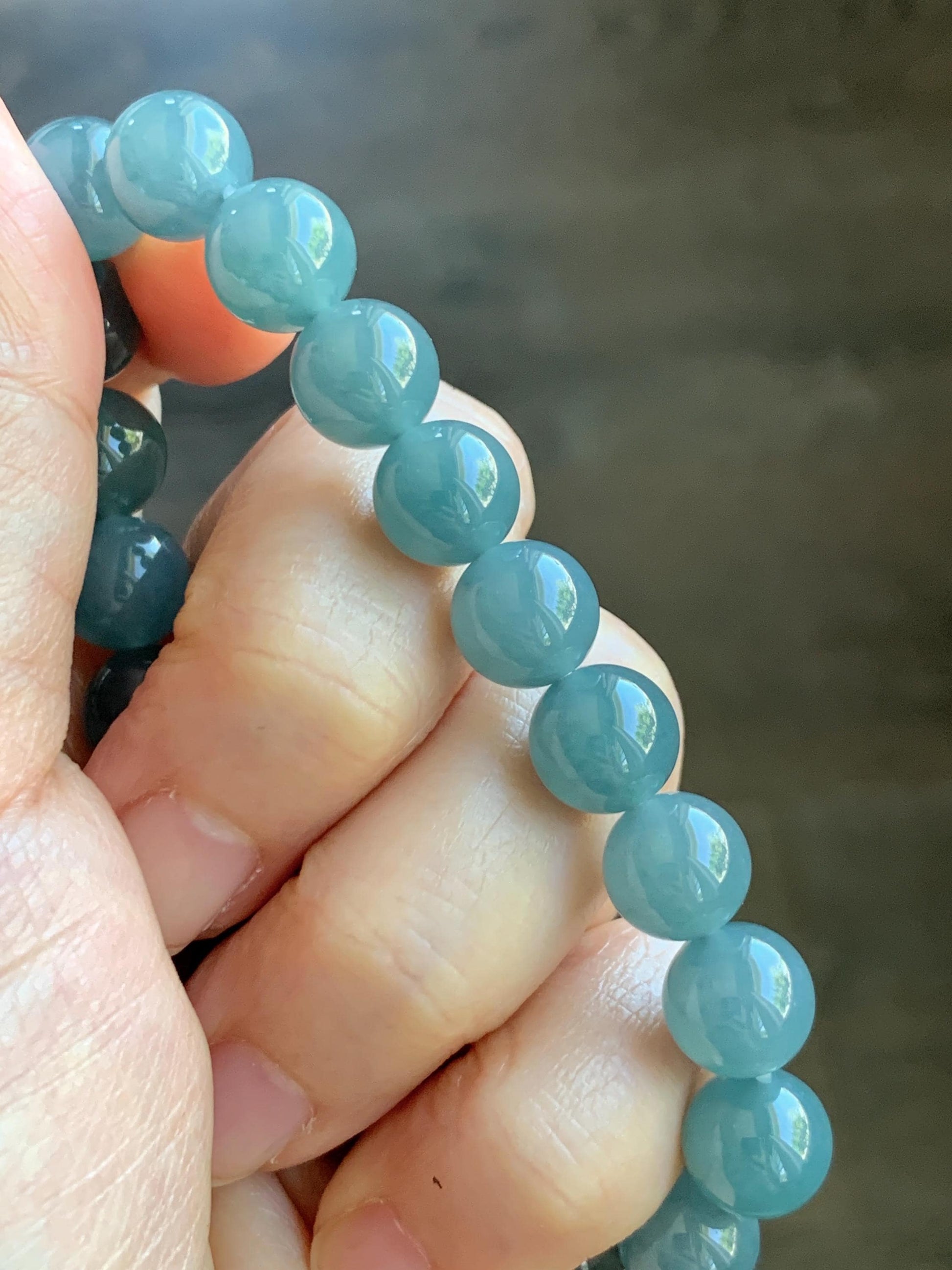 Natural Grade A Guatemalan Icy Translucent Dusty Blue Jade Jadeite Beaded Bracelet Stretchy 9.6mm 7” 31g 天然冰危蓝翡翠圆珠手串 WQL150