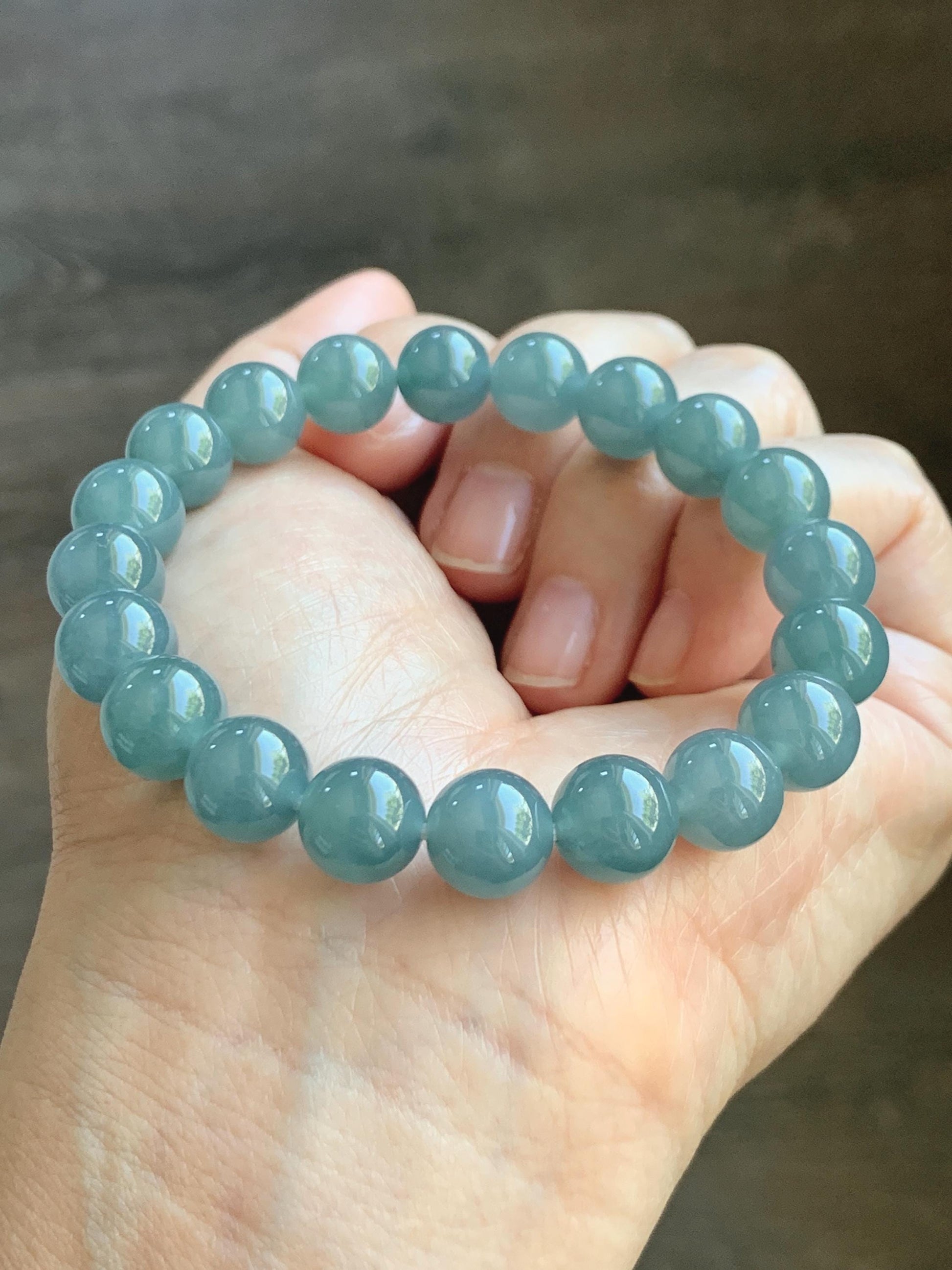 Natural Grade A Guatemalan Icy Translucent Dusty Blue Jade Jadeite Beaded Bracelet Stretchy 9.6mm 7” 31g 天然冰危蓝翡翠圆珠手串 WQL150