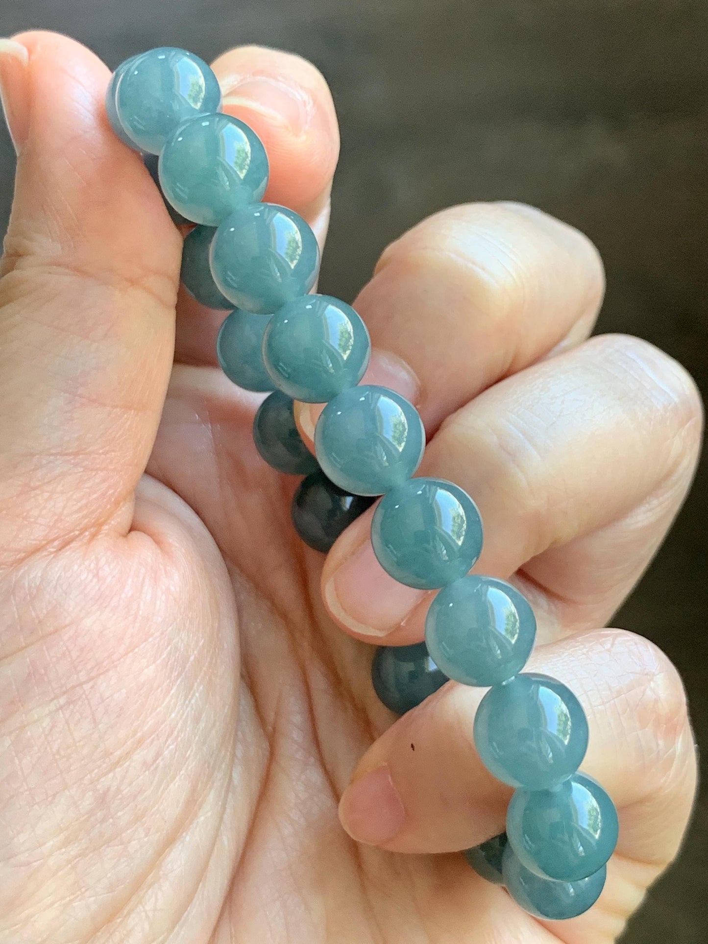 Natural Grade A Guatemalan Icy Translucent Dusty Blue Jade Jadeite Beaded Bracelet Stretchy 9.6mm 7” 31g 天然冰危蓝翡翠圆珠手串 WQL150