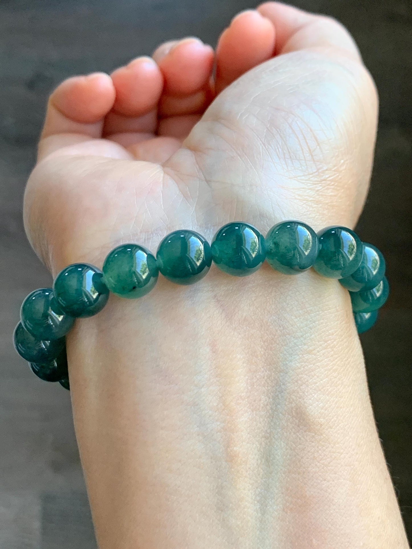 Natural Guatemalan Grade A Icy Translucent Dark Teal Blue Jade Jadeite Beaded Bracelet Stretchy 9.8mm 7.25” 31g 天然冰危深蓝绿翡翠圆珠手串 WSU268