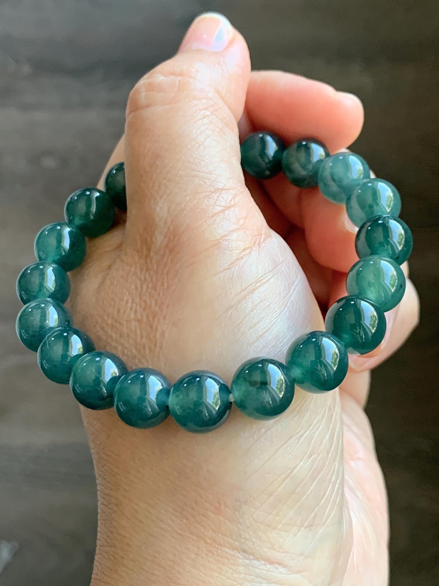 Natural Guatemalan Grade A Icy Translucent Dark Teal Blue Jade Jadeite Beaded Bracelet Stretchy 9.8mm 7.25” 31g 天然冰危深蓝绿翡翠圆珠手串 WSU268