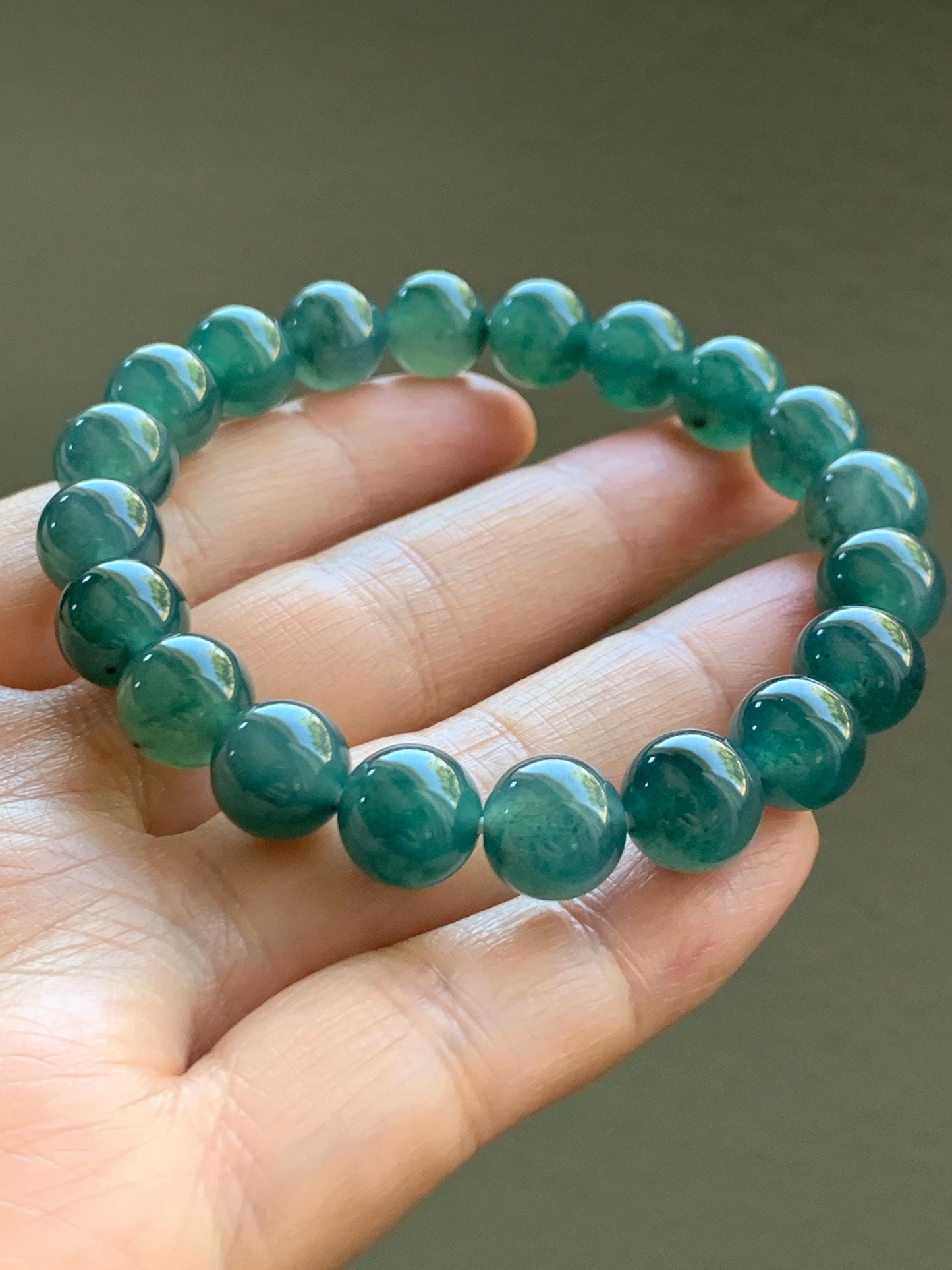 Natural Guatemalan Grade A Icy Translucent Dark Teal Blue Jade Jadeite Beaded Bracelet Stretchy 9.8mm 7.25” 31g 天然冰危深蓝绿翡翠圆珠手串 WSU268