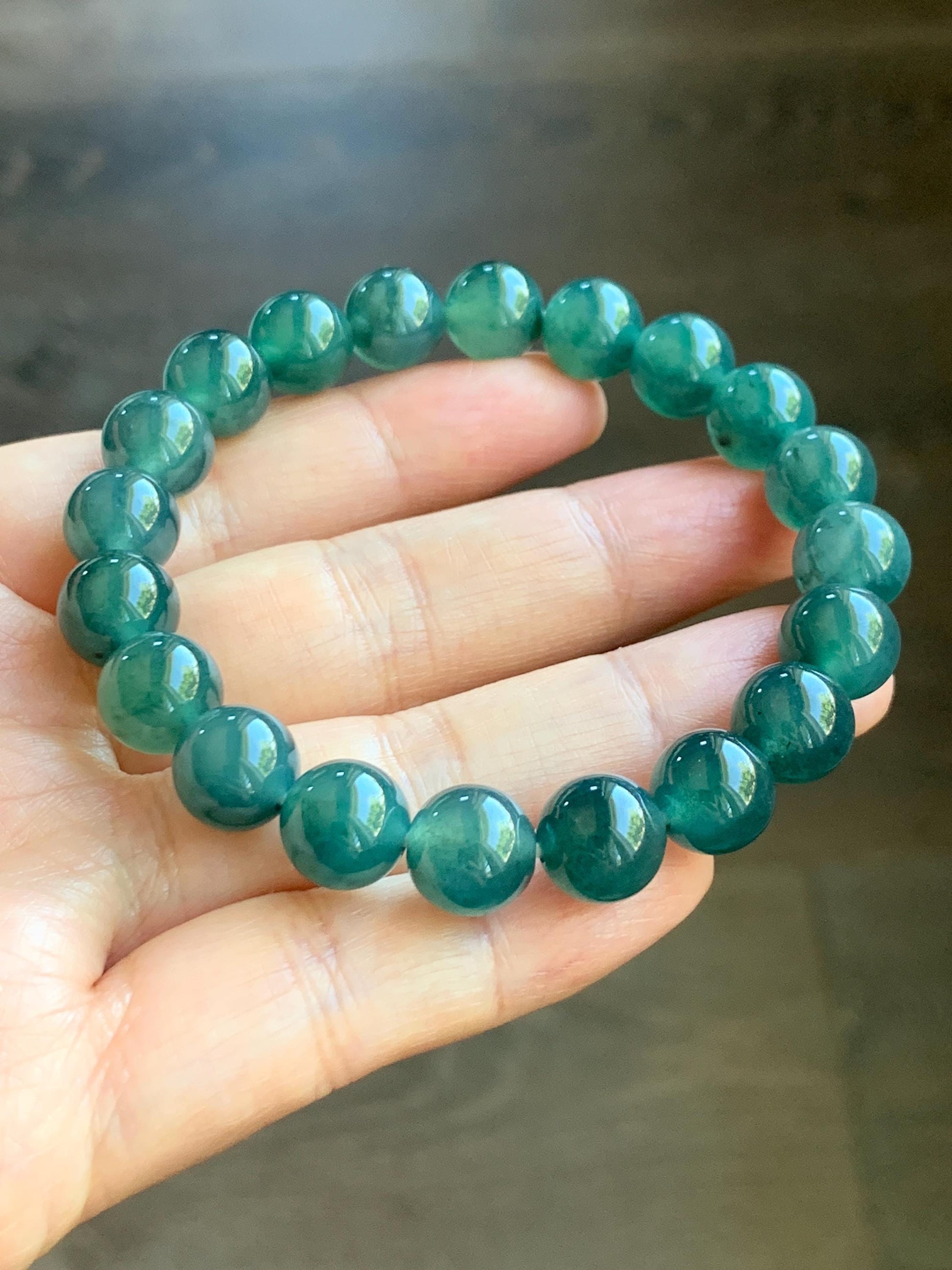 Natural Guatemalan Grade A Icy Translucent Dark Teal Blue Jade Jadeite Beaded Bracelet Stretchy 9.8mm 7.25” 31g 天然冰危深蓝绿翡翠圆珠手串 WSU268