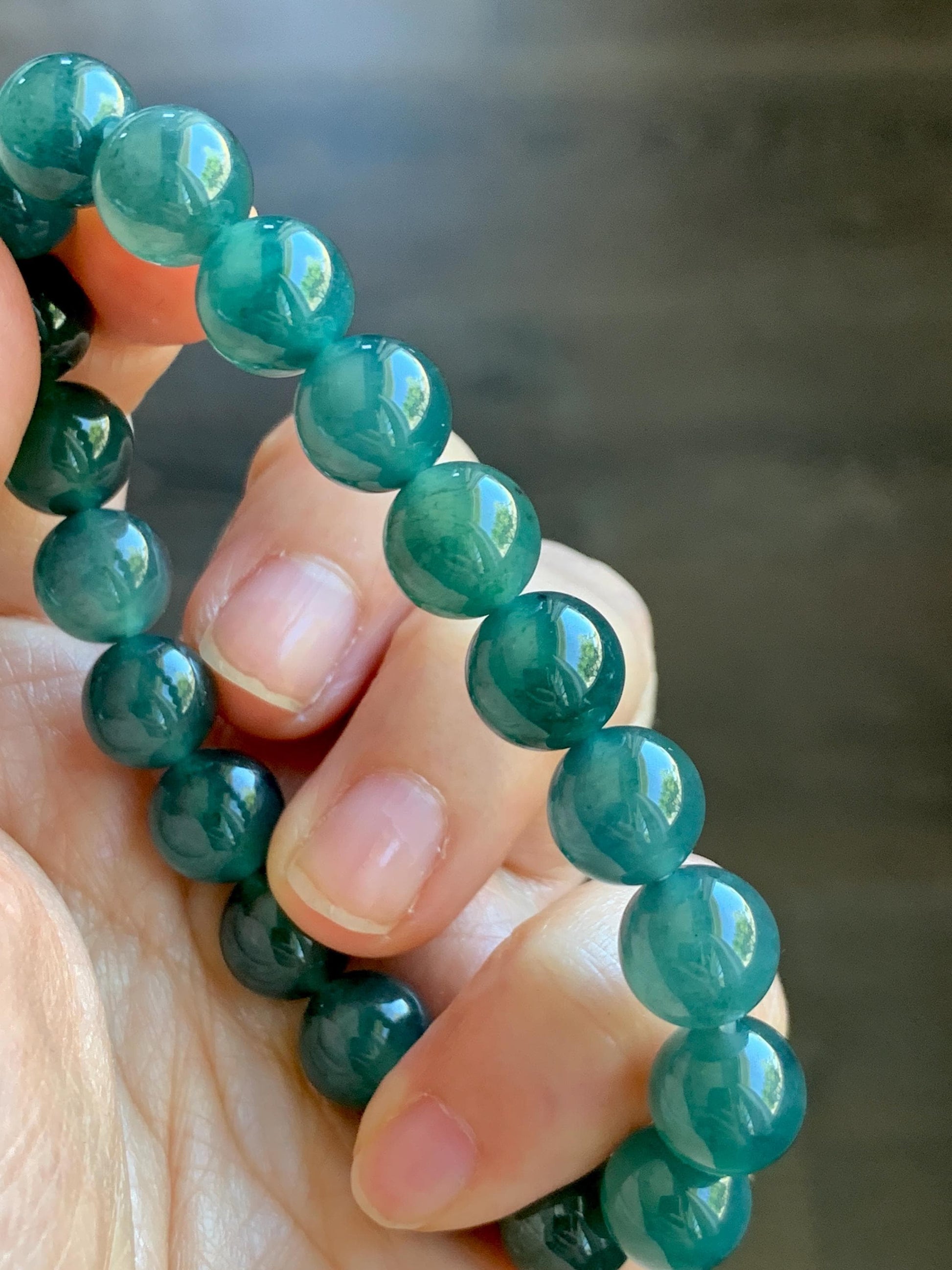 Natural Guatemalan Grade A Icy Translucent Dark Teal Blue Jade Jadeite Beaded Bracelet Stretchy 9.8mm 7.25” 31g 天然冰危深蓝绿翡翠圆珠手串 WSU268