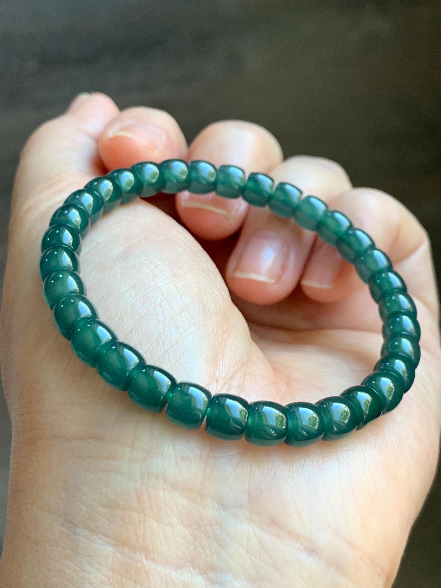 Natural Grade A Guatemalan Icy Highly Translucent Dark Teal Jade Jadeite Barrel Beads Beaded Bracelet 6.4x5mm 7” 15g 天然冰胶危深蓝绿翡翠桶珠手串 WLG660