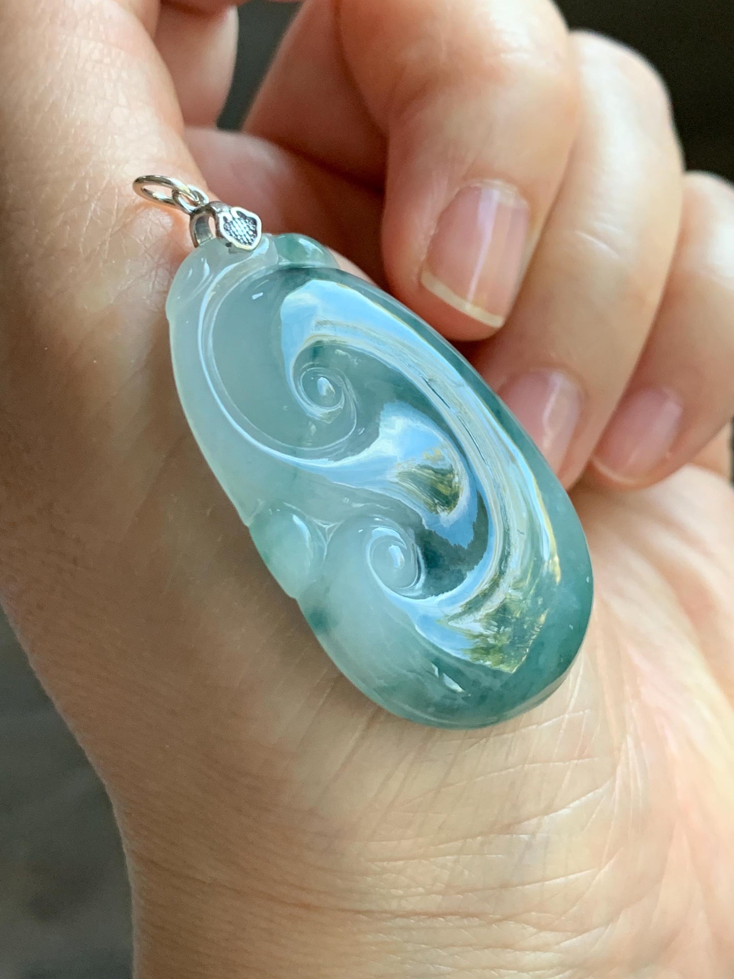 Natural Grade A Icy Translucent Dark Teal Green Marbled Jade Jadeite Ruyi Pendant Sterling Silver 13g 天然细糯飘花翡翠如意吊坠 MPR146A