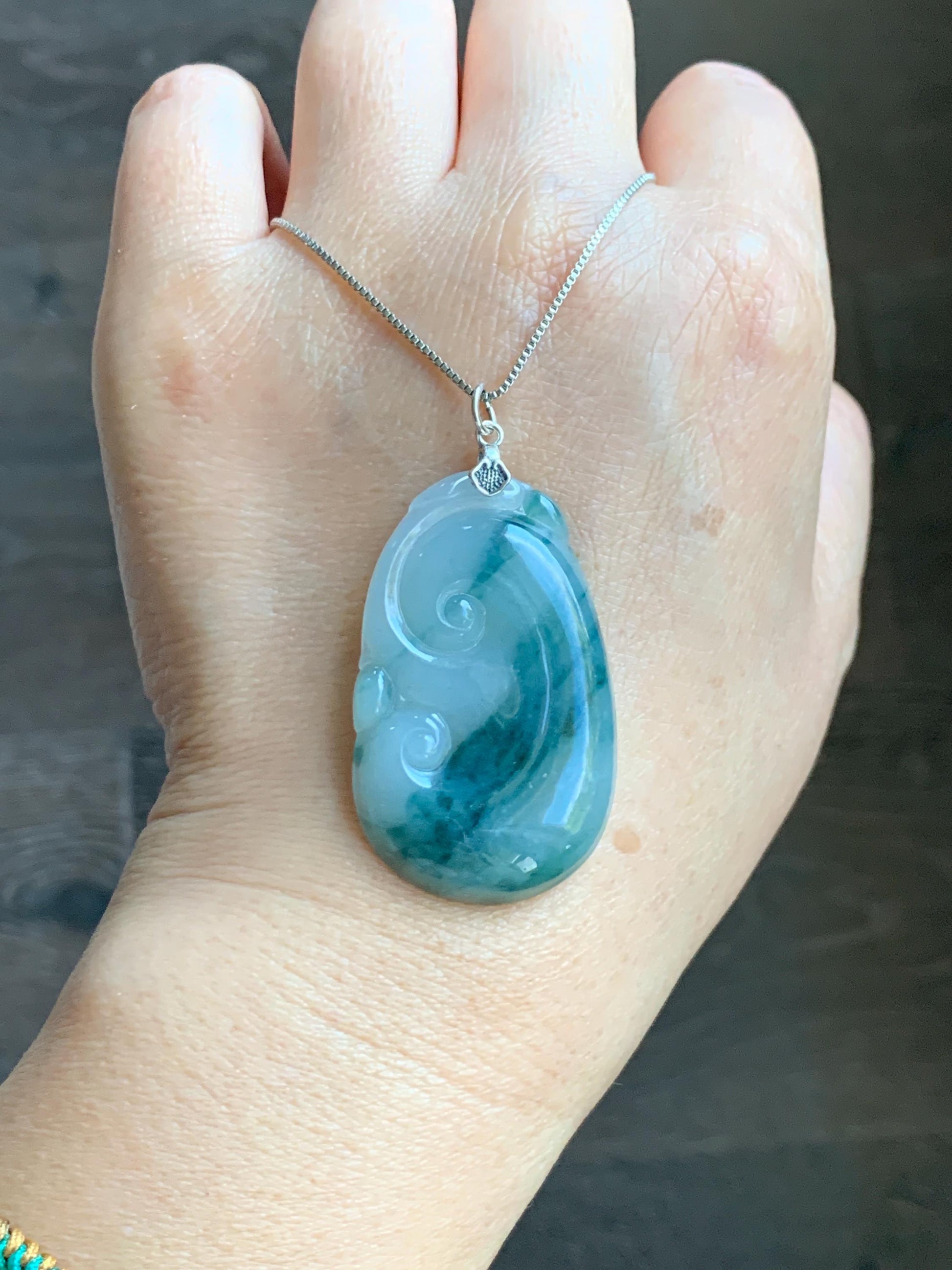 Natural Grade A Icy Translucent Dark Teal Green Marbled Jade Jadeite Ruyi Pendant Sterling Silver 13g 天然细糯飘花翡翠如意吊坠 MPR146A