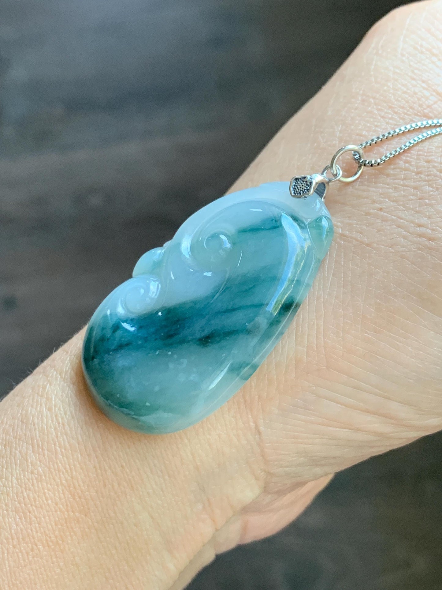 Natural Grade A Icy Translucent Dark Teal Green Marbled Jade Jadeite Ruyi Pendant Sterling Silver 13g 天然细糯飘花翡翠如意吊坠 MPR146A