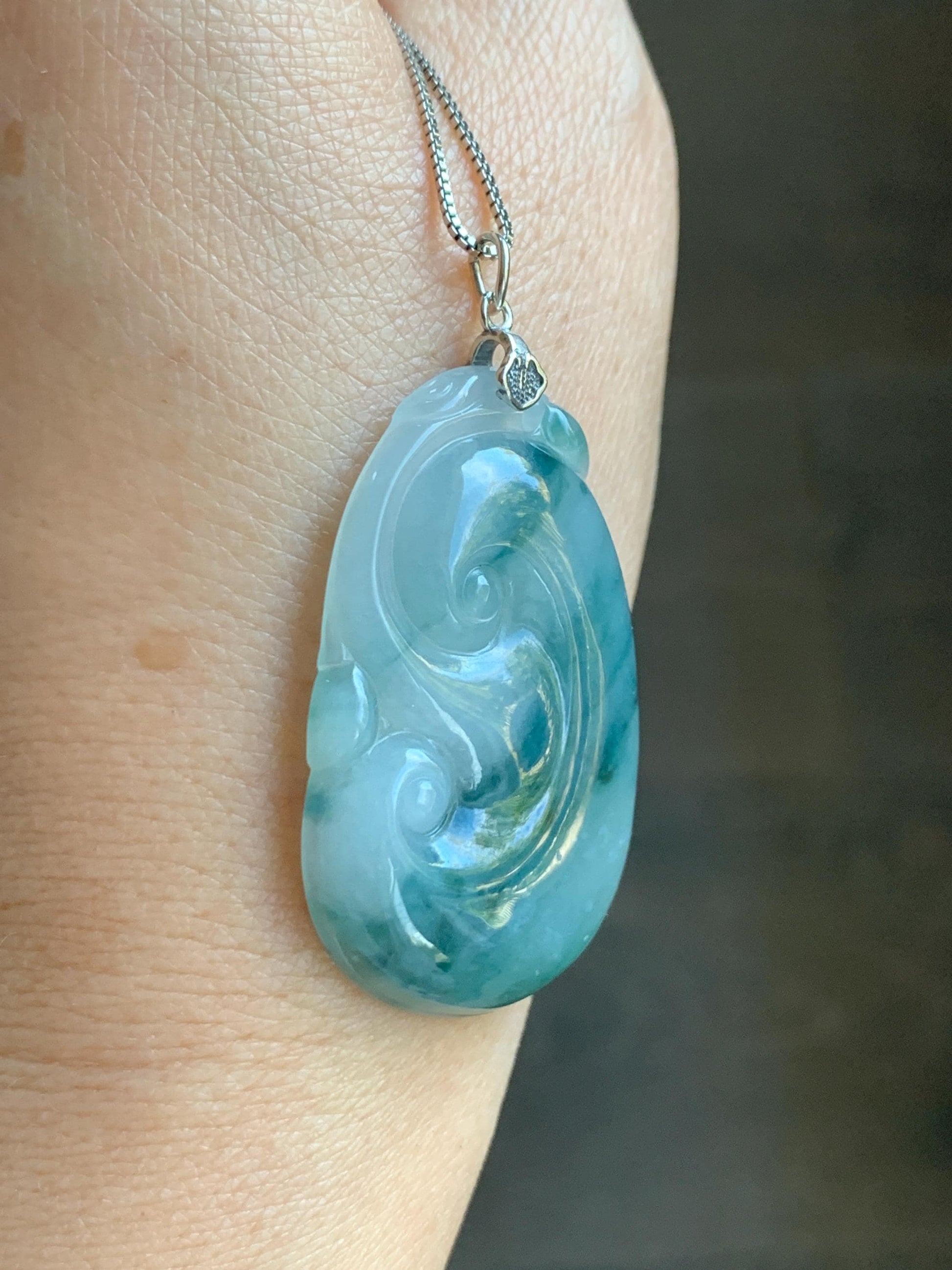 Natural Grade A Icy Translucent Dark Teal Green Marbled Jade Jadeite Ruyi Pendant Sterling Silver 13g 天然细糯飘花翡翠如意吊坠 MPR146A