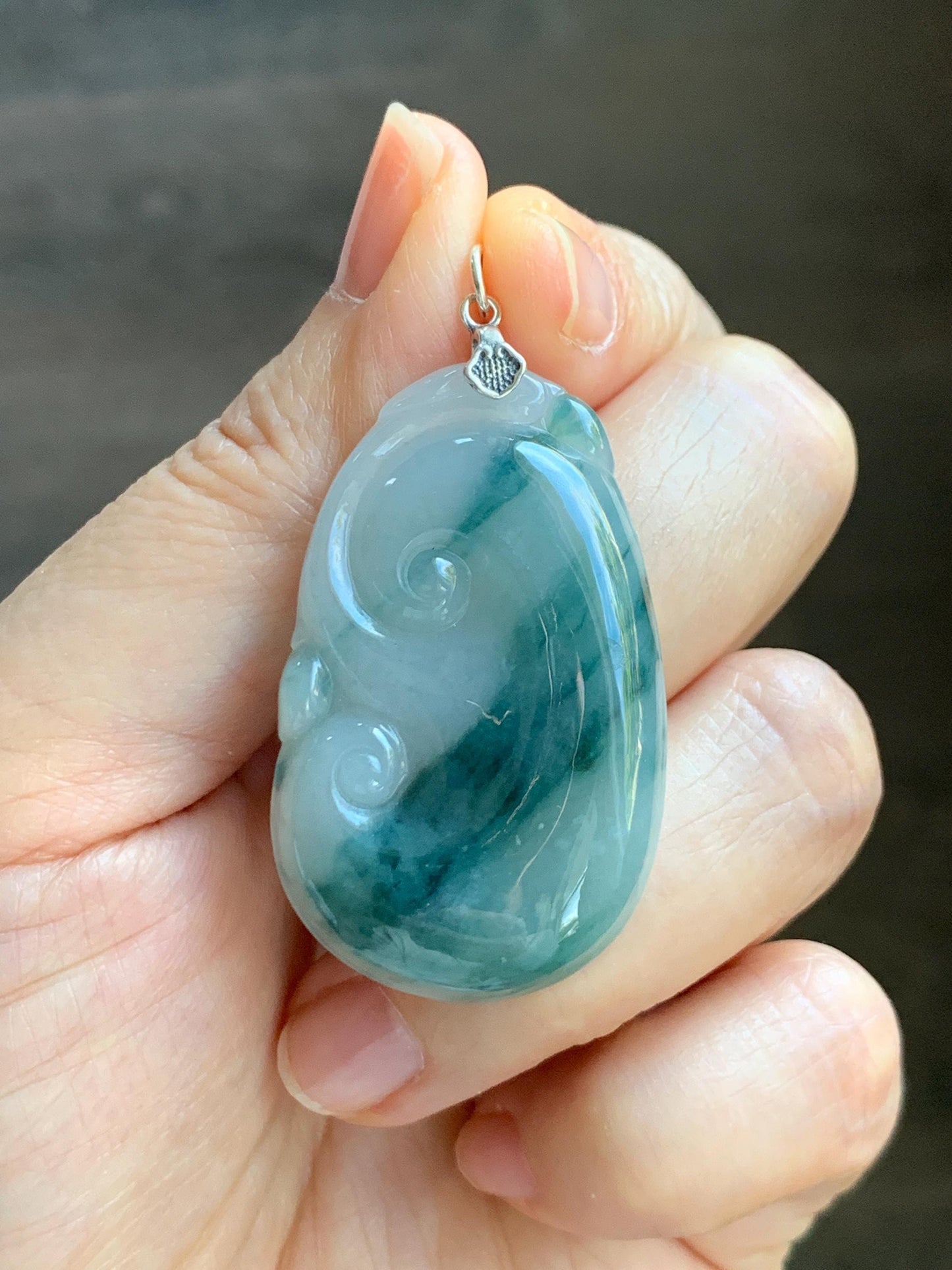 Natural Grade A Icy Translucent Dark Teal Green Marbled Jade Jadeite Ruyi Pendant Sterling Silver 13g 天然细糯飘花翡翠如意吊坠 MPR146A