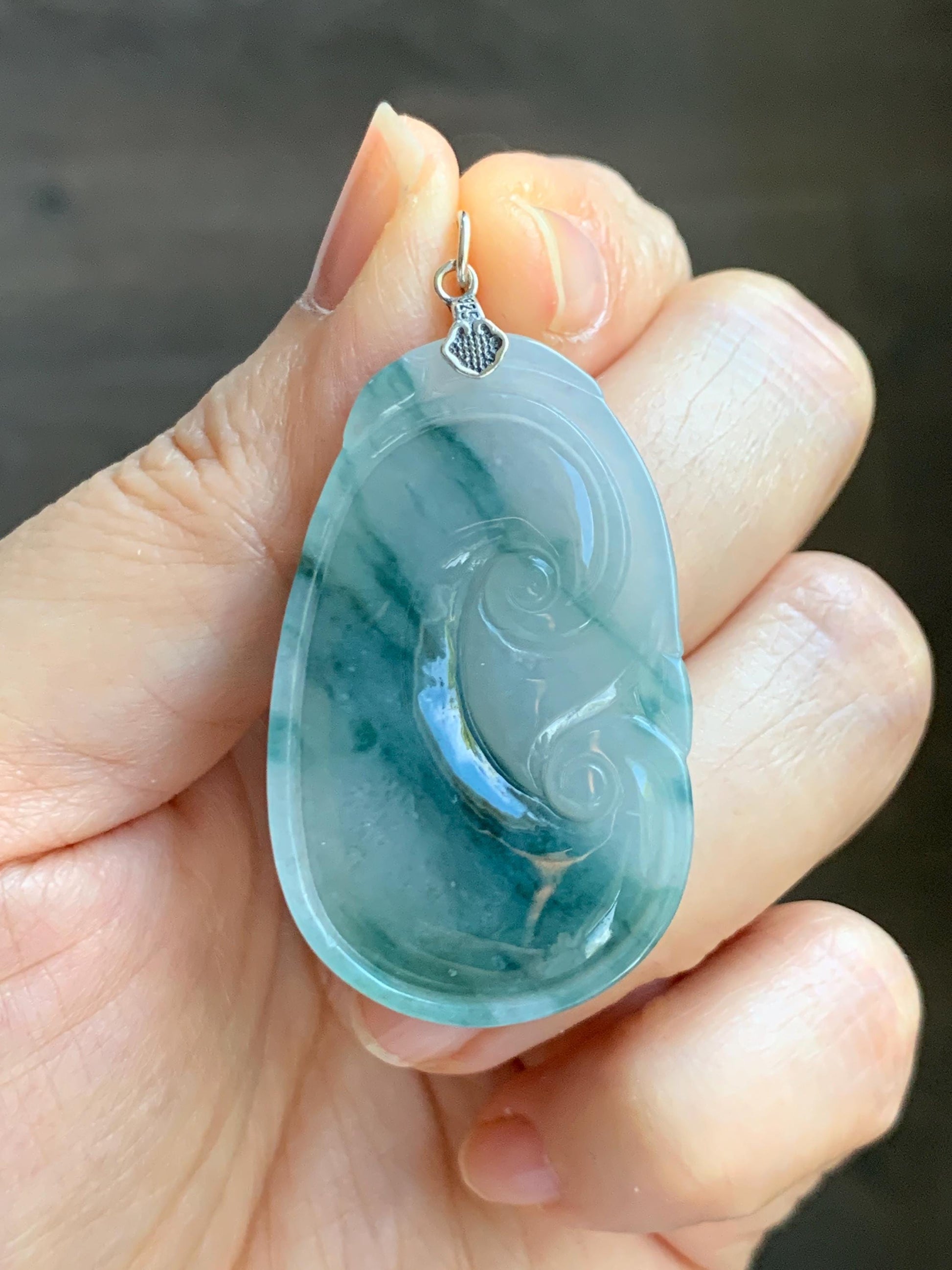 Natural Grade A Icy Translucent Dark Teal Green Marbled Jade Jadeite Ruyi Pendant Sterling Silver 13g 天然细糯飘花翡翠如意吊坠 MPR146A