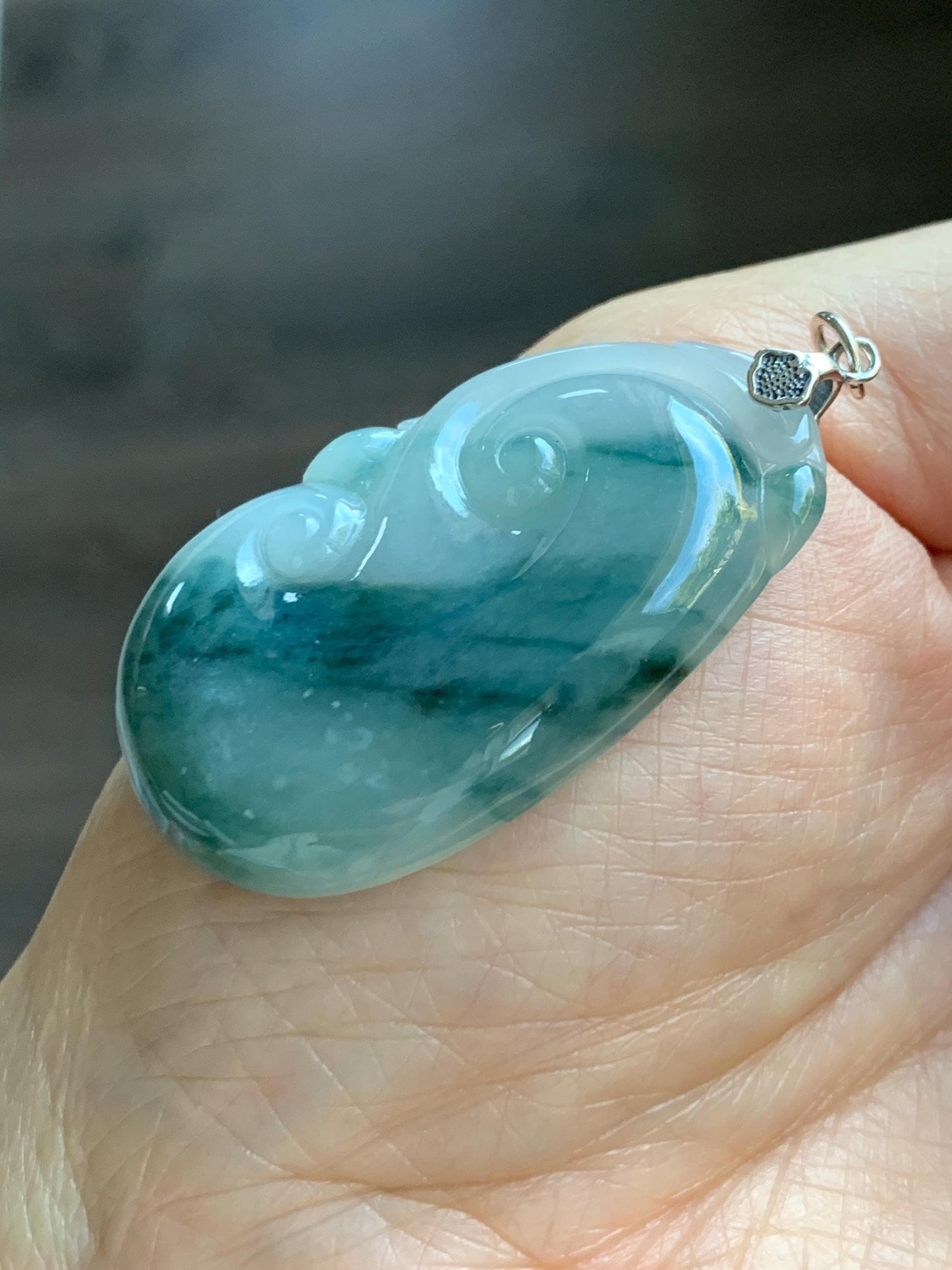 Natural Grade A Icy Translucent Dark Teal Green Marbled Jade Jadeite Ruyi Pendant Sterling Silver 13g 天然细糯飘花翡翠如意吊坠 MPR146A