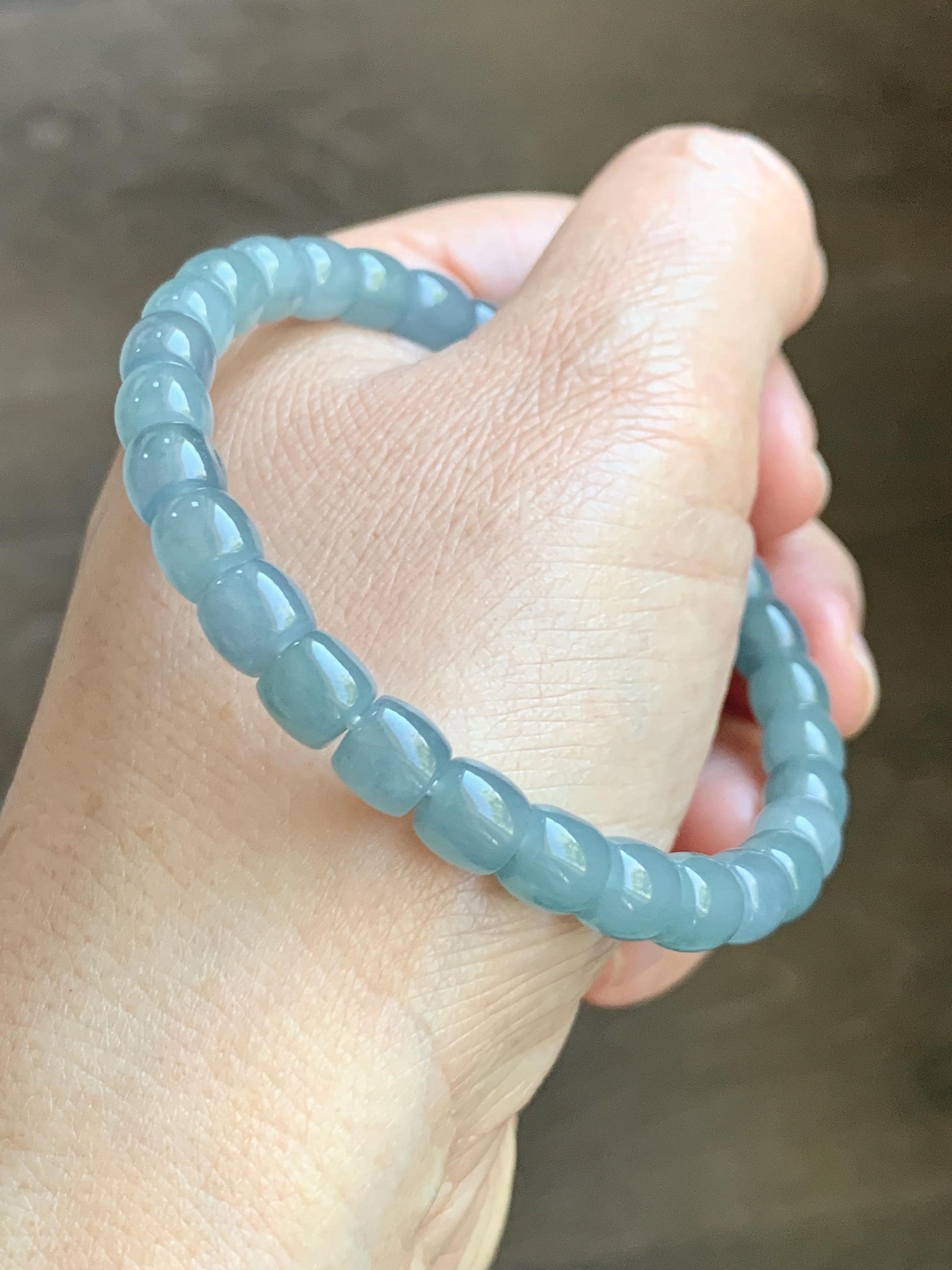 Natural Grade A Guatemalan Icy Translucent Dusty Blue Jade Jadeite Barrel Beads Beaded Bracelet 6.8x6.3mm 7.25” 18g 天然冰胶危浅蓝翡翠桶珠手串 WQLG220