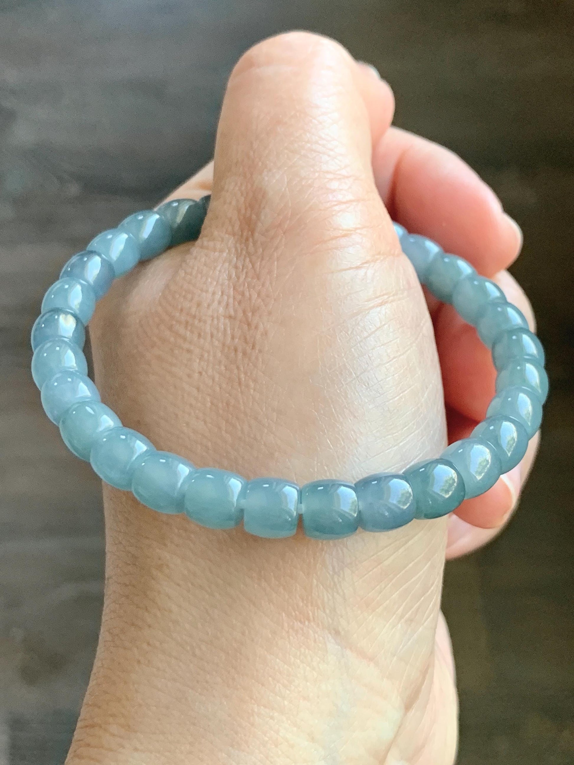 Natural Grade A Guatemalan Icy Translucent Dusty Blue Jade Jadeite Barrel Beads Beaded Bracelet 6.8x6.3mm 7.25” 18g 天然冰胶危浅蓝翡翠桶珠手串 WQLG220