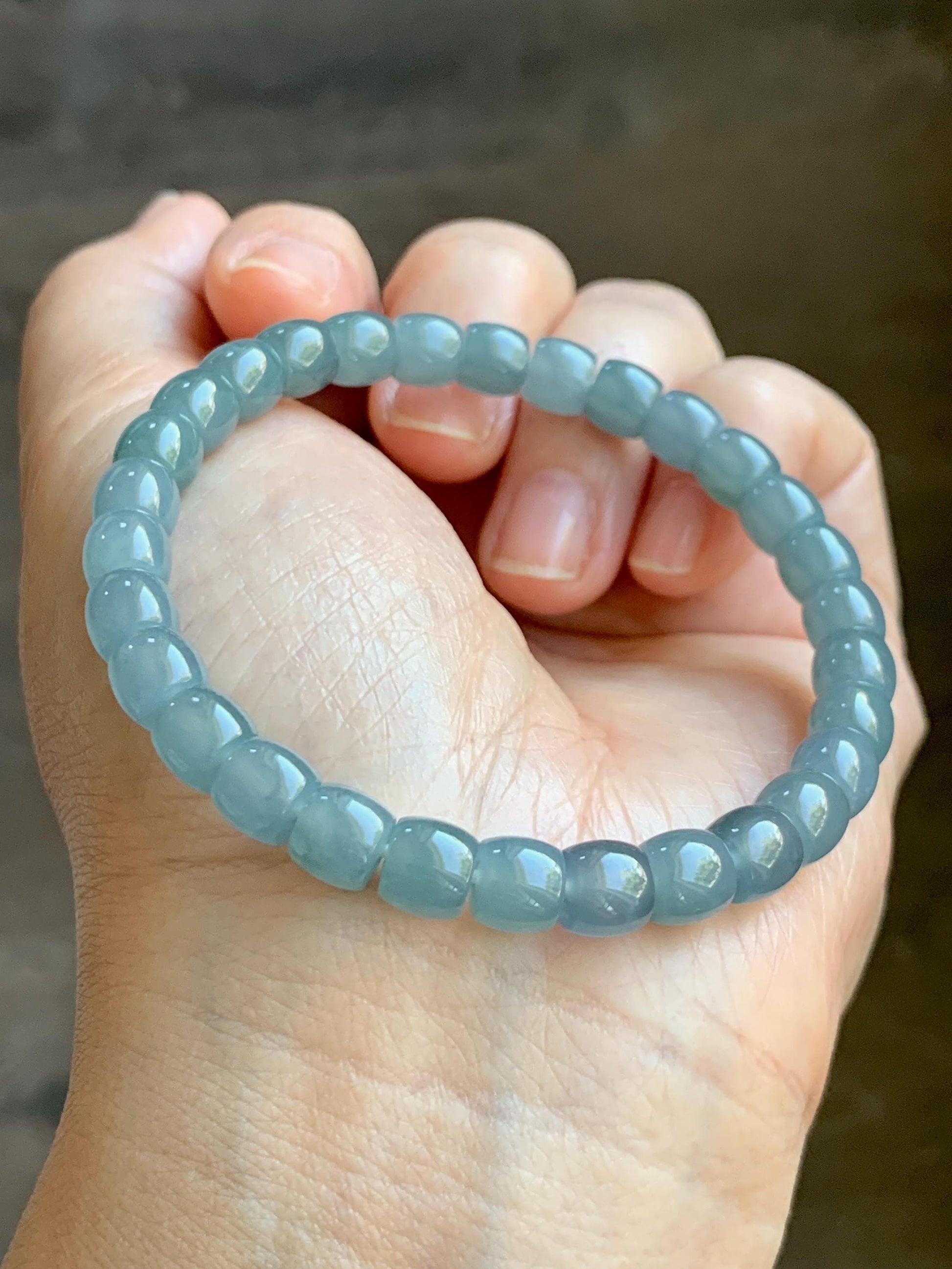 Natural Grade A Guatemalan Icy Translucent Dusty Blue Jade Jadeite Barrel Beads Beaded Bracelet 6.8x6.3mm 7.25” 18g 天然冰胶危浅蓝翡翠桶珠手串 WQLG220