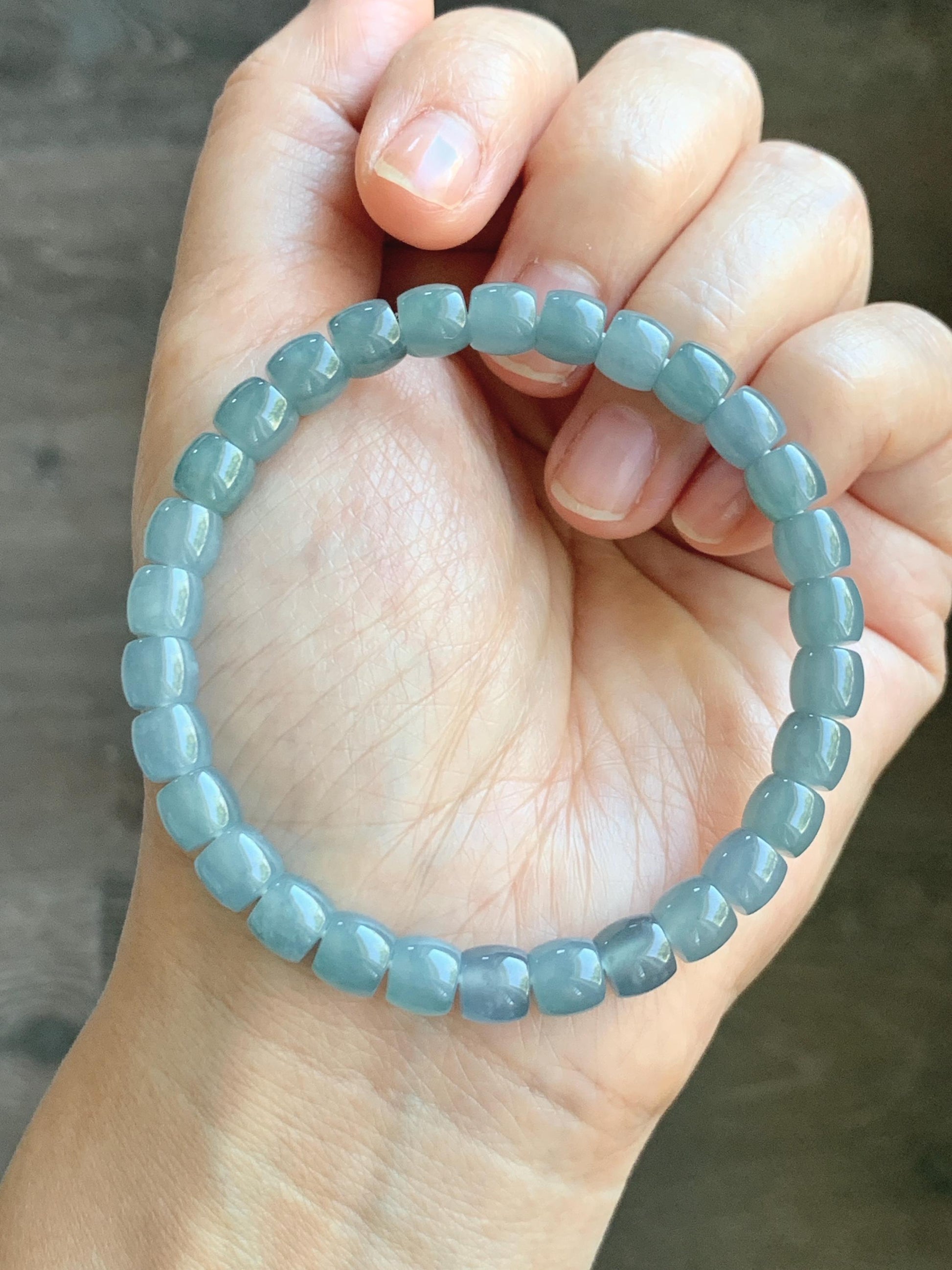 Natural Grade A Guatemalan Icy Translucent Dusty Blue Jade Jadeite Barrel Beads Beaded Bracelet 6.8x6.3mm 7.25” 18g 天然冰胶危浅蓝翡翠桶珠手串 WQLG220