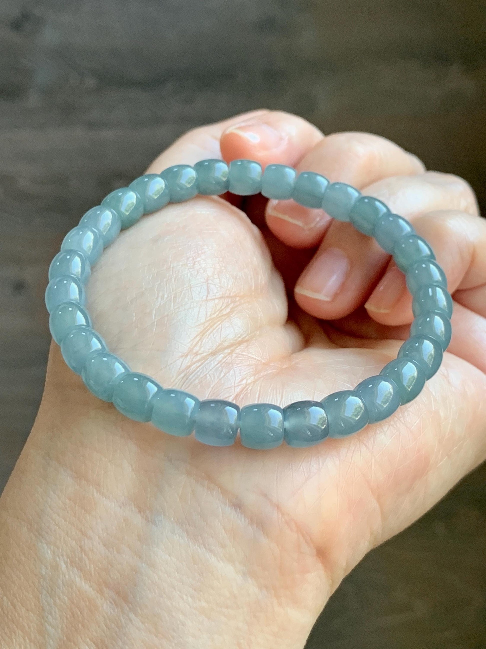 Natural Grade A Guatemalan Icy Translucent Dusty Blue Jade Jadeite Barrel Beads Beaded Bracelet 6.8x6.3mm 7.25” 18g 天然冰胶危浅蓝翡翠桶珠手串 WQLG220