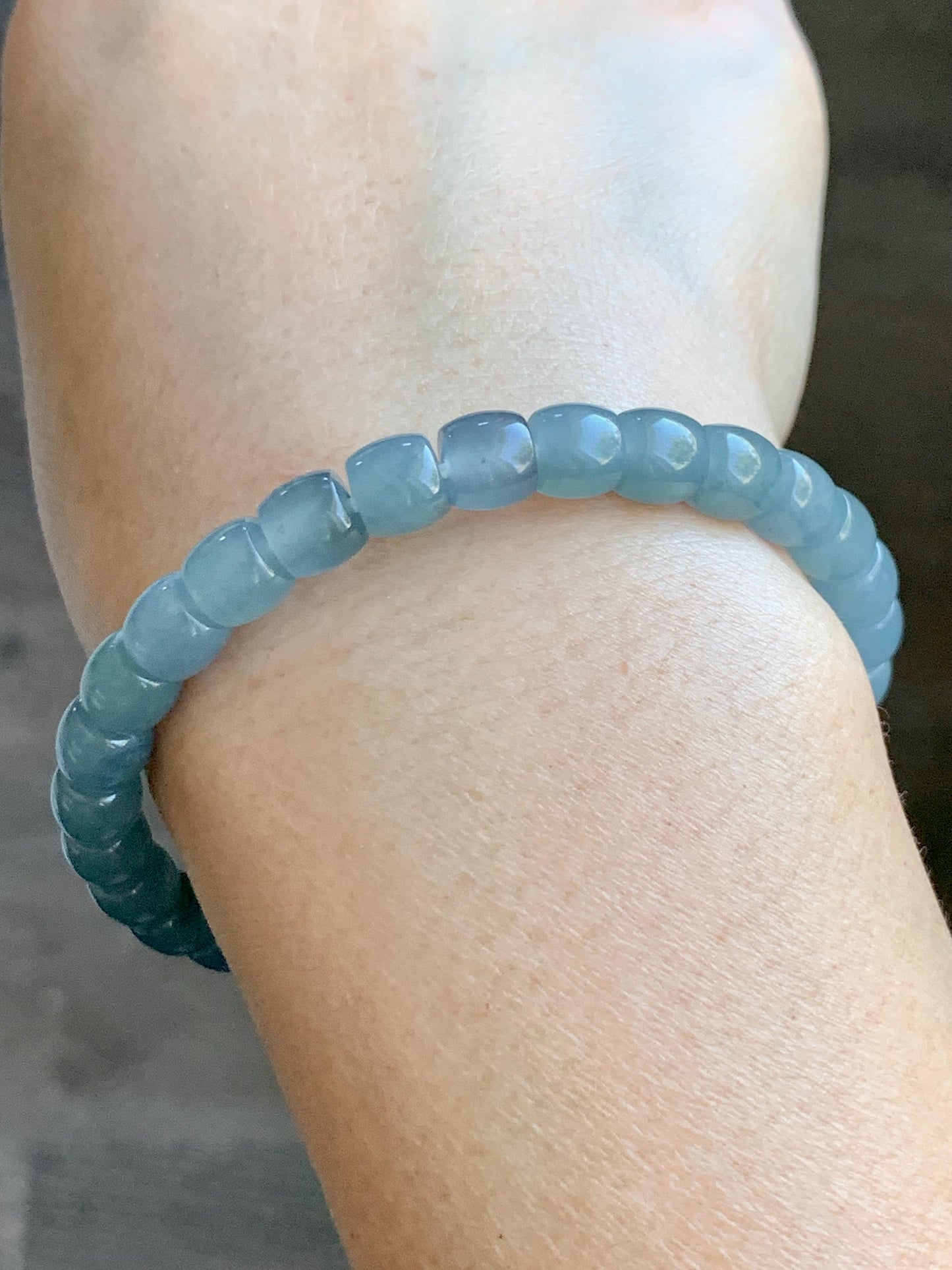 Natural Grade A Guatemalan Icy Translucent Dusty Blue Jade Jadeite Barrel Beads Beaded Bracelet 6.8x6.3mm 7.25” 18g 天然冰胶危浅蓝翡翠桶珠手串 WQLG220