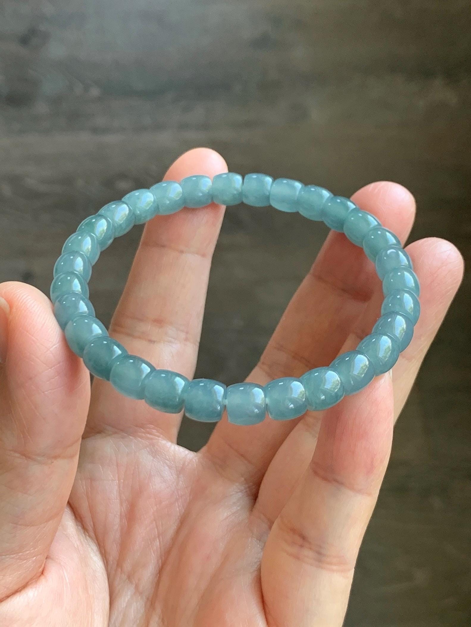 Natural Grade A Guatemalan Icy Translucent Dusty Teal Blue Jade Jadeite Barrel Beads Beaded Bracelet 6.8x6mm 7.5” 20g 天然冰胶危浅蓝翡翠桶珠手串 WALG220
