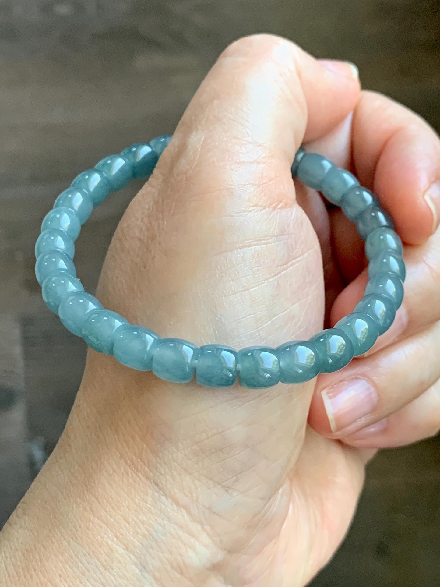 Natural Grade A Guatemalan Icy Translucent Dusty Teal Blue Jade Jadeite Barrel Beads Beaded Bracelet 6.8x6mm 7.5” 20g 天然冰胶危浅蓝翡翠桶珠手串 WALG220