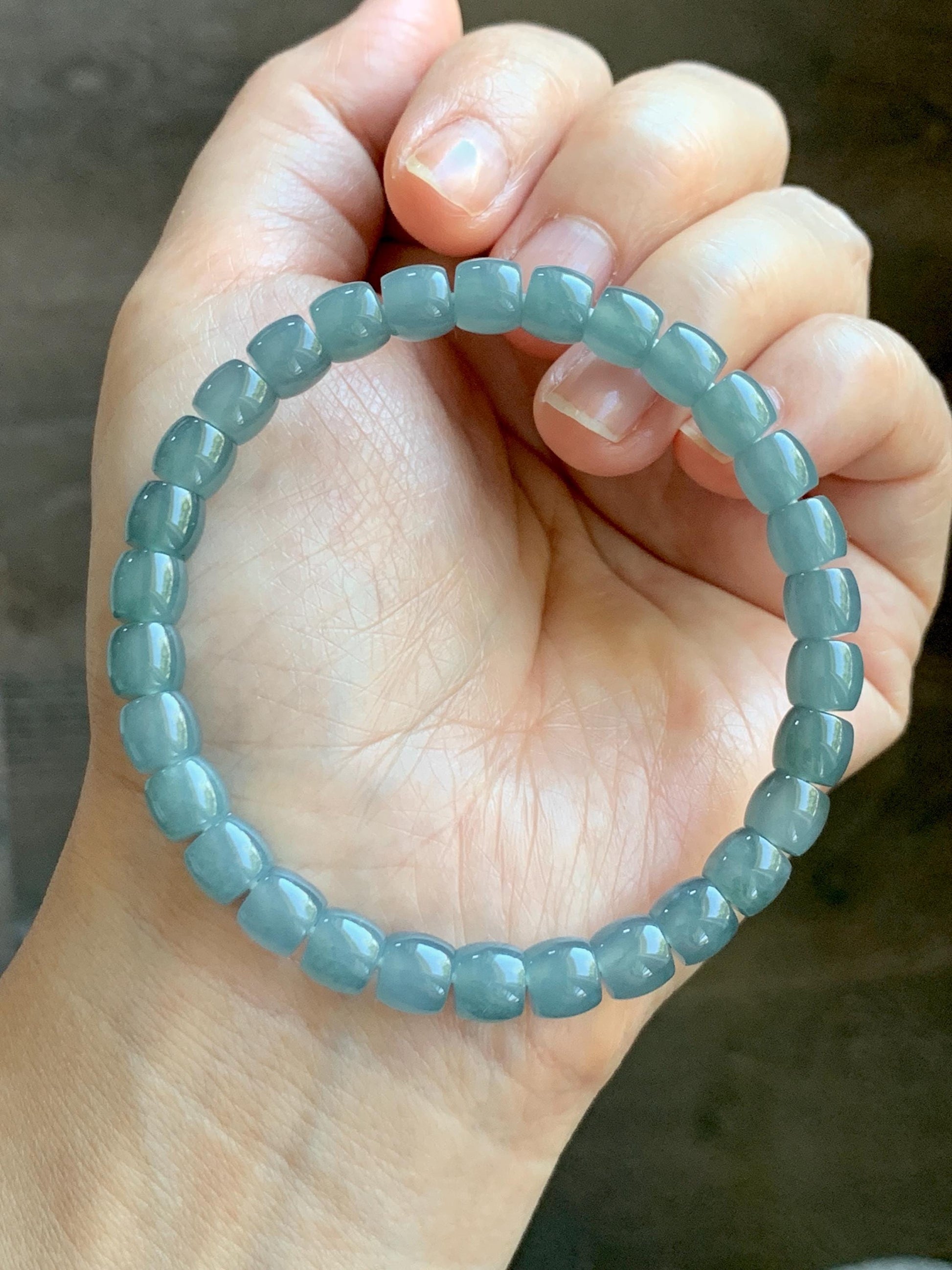 Natural Grade A Guatemalan Icy Translucent Dusty Teal Blue Jade Jadeite Barrel Beads Beaded Bracelet 6.8x6mm 7.5” 20g 天然冰胶危浅蓝翡翠桶珠手串 WALG220