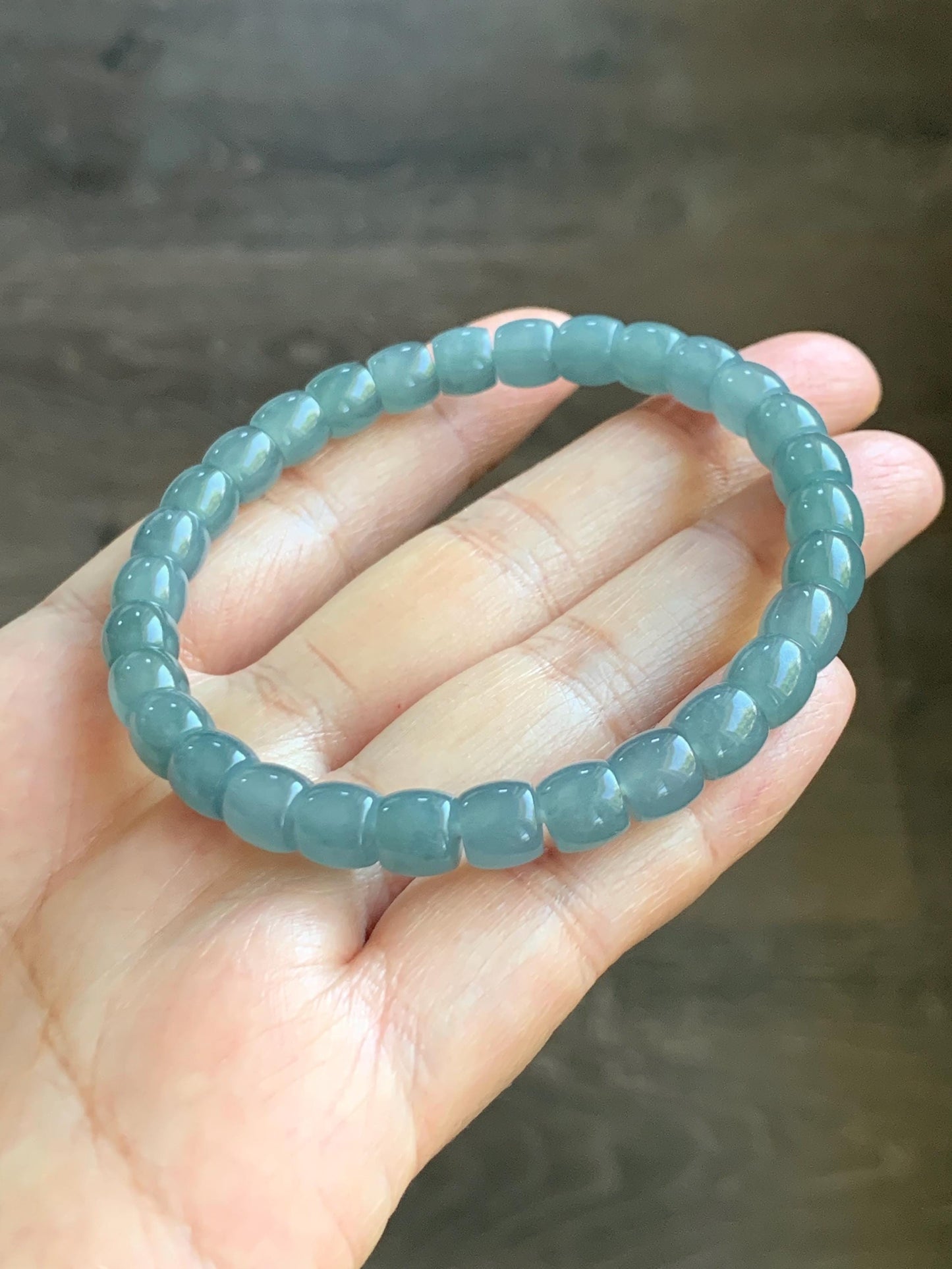Natural Grade A Guatemalan Icy Translucent Dusty Teal Blue Jade Jadeite Barrel Beads Beaded Bracelet 6.8x6mm 7.5” 20g 天然冰胶危浅蓝翡翠桶珠手串 WALG220