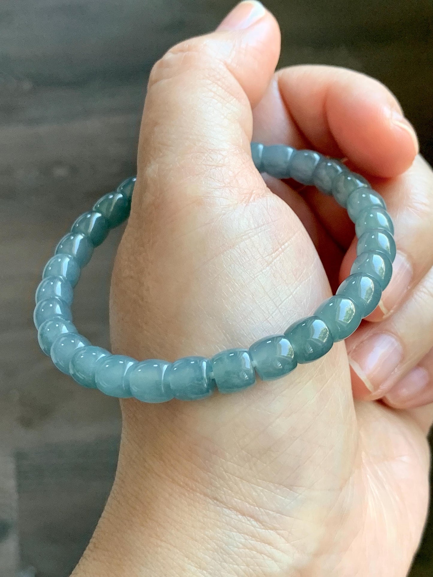 Natural Grade A Guatemalan Icy Translucent Dusty Teal Blue Jade Jadeite Barrel Beads Beaded Bracelet 6.8x6mm 7.5” 20g 天然冰胶危浅蓝翡翠桶珠手串 WALG220