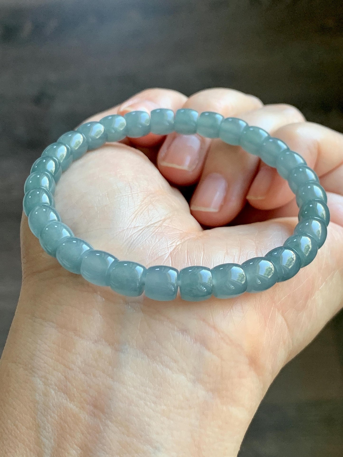 Natural Grade A Guatemalan Icy Translucent Dusty Teal Blue Jade Jadeite Barrel Beads Beaded Bracelet 6.8x6mm 7.5” 20g 天然冰胶危浅蓝翡翠桶珠手串 WALG220