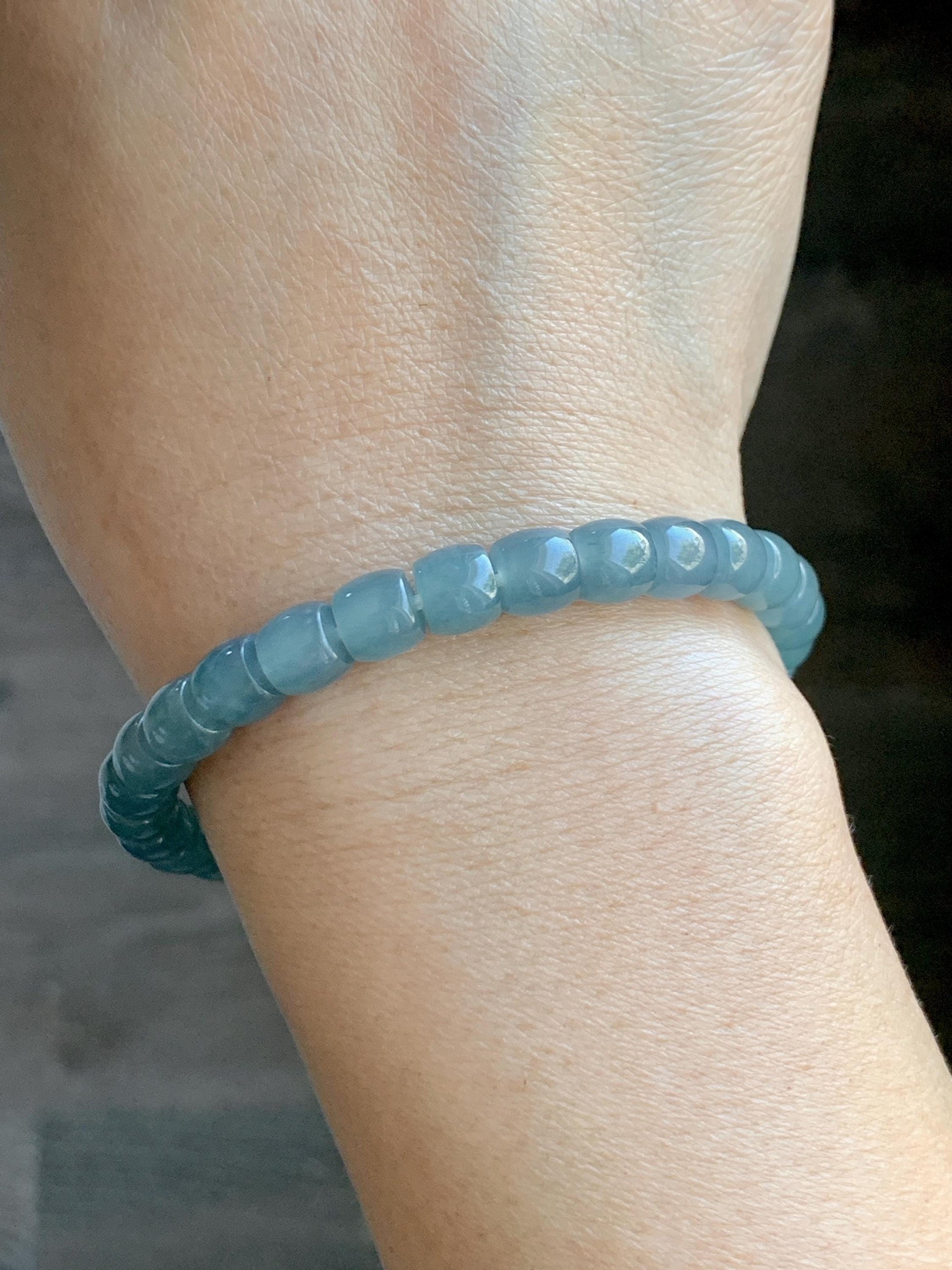 Natural Grade A Guatemalan Icy Translucent Dusty Teal Blue Jade Jadeite Barrel Beads Beaded Bracelet 6.8x6mm 7.5” 20g 天然冰胶危浅蓝翡翠桶珠手串 WALG220