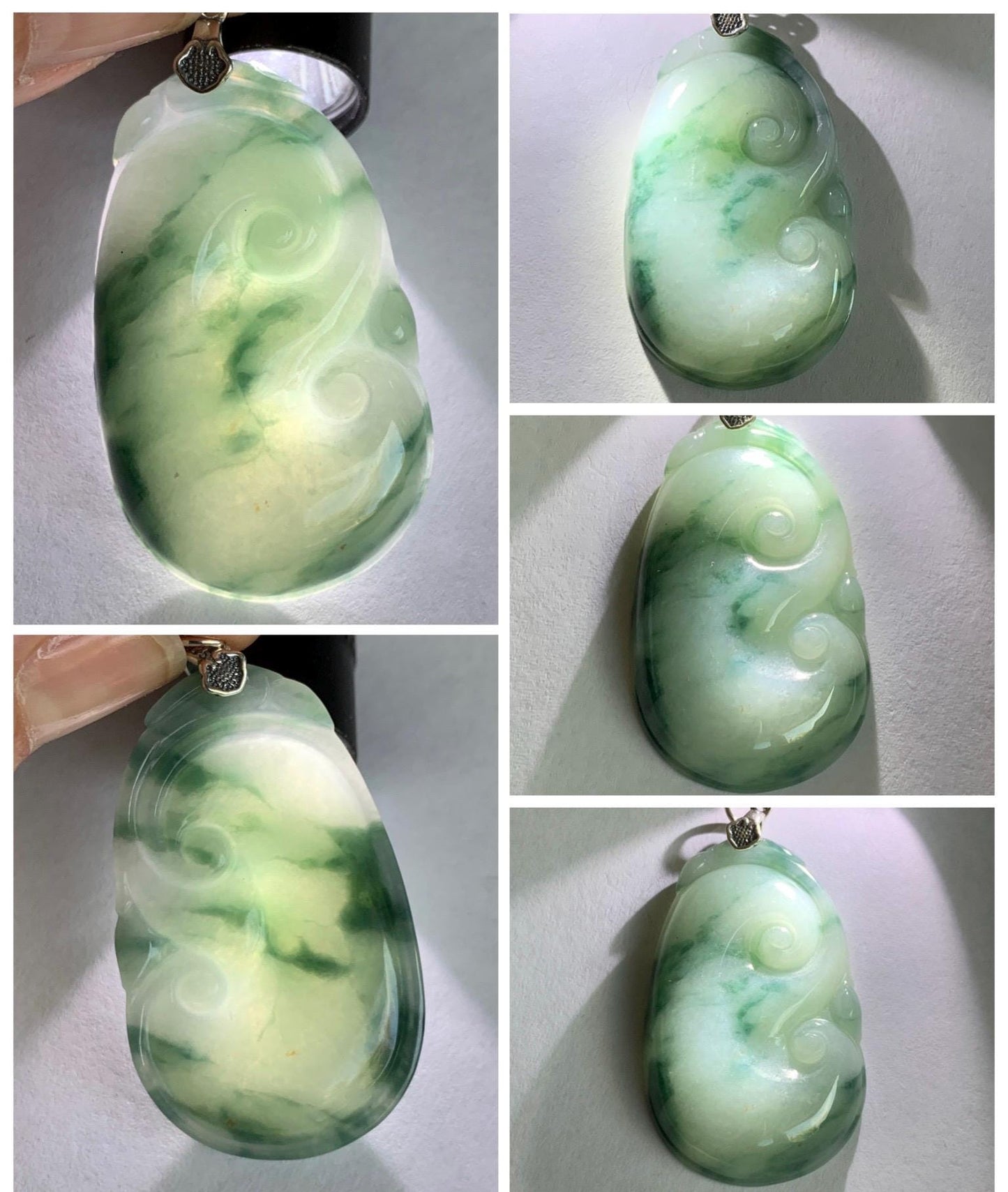 Natural Grade A Icy Translucent Dark Teal Green Marbled Jade Jadeite Ruyi Pendant Sterling Silver 11g 天然细糯飘花翡翠如意吊坠 MPR146B