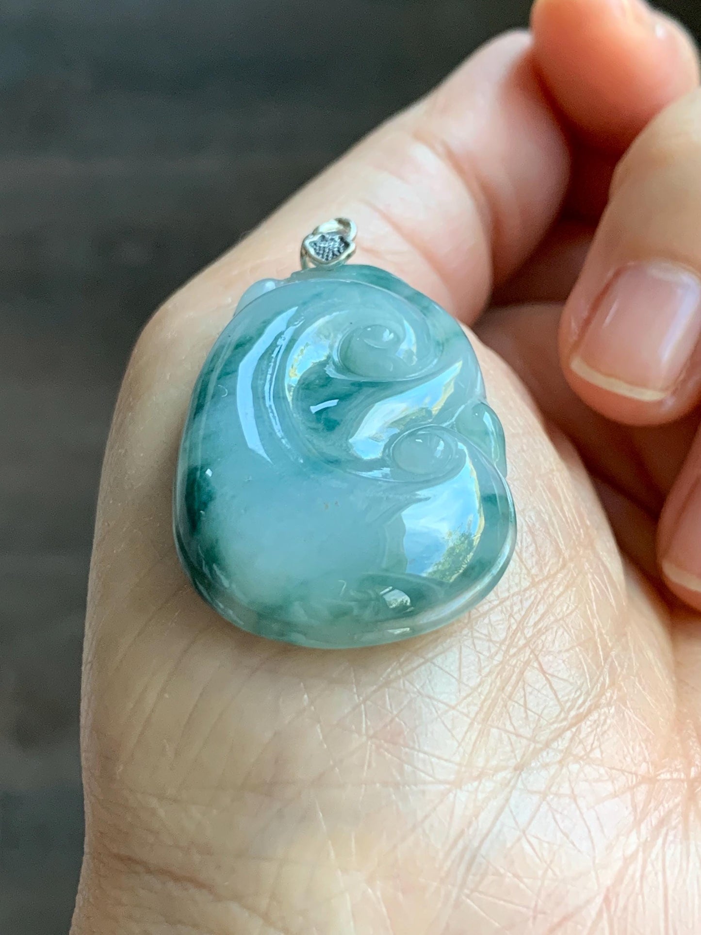 Natural Grade A Icy Translucent Dark Teal Green Marbled Jade Jadeite Ruyi Pendant Sterling Silver 11g 天然细糯飘花翡翠如意吊坠 MPR146B