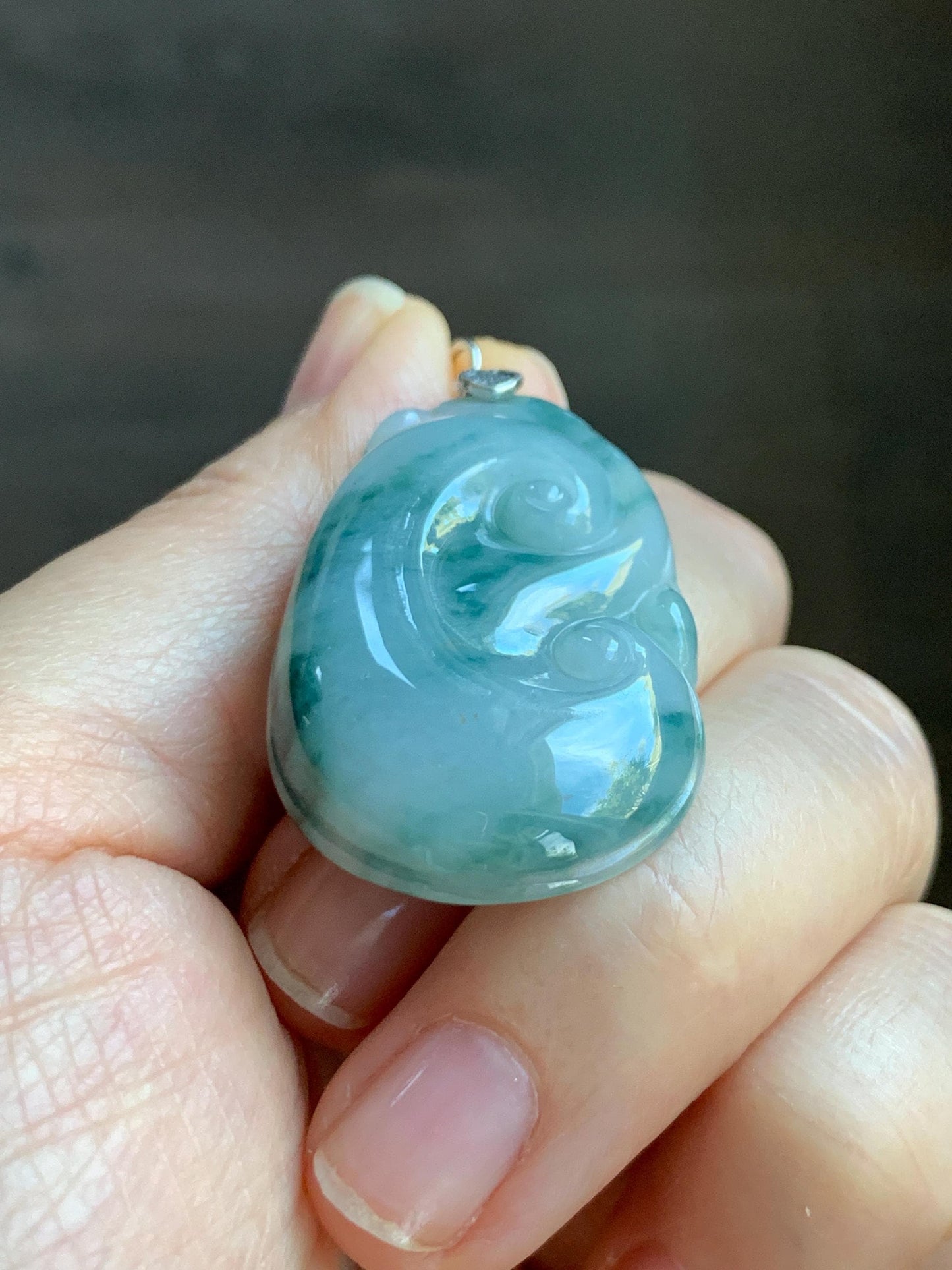 Natural Grade A Icy Translucent Dark Teal Green Marbled Jade Jadeite Ruyi Pendant Sterling Silver 11g 天然细糯飘花翡翠如意吊坠 MPR146B