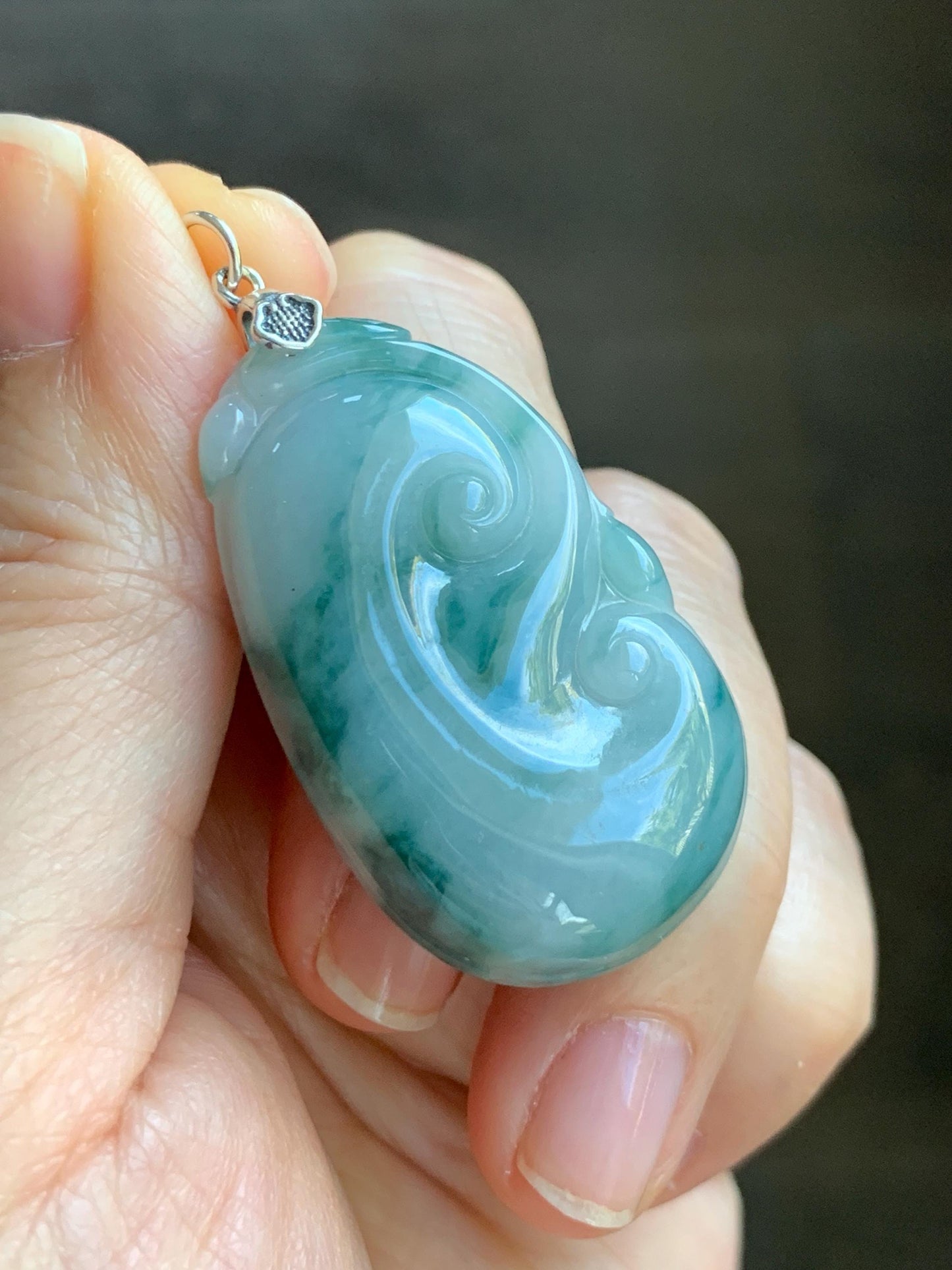 Natural Grade A Icy Translucent Dark Teal Green Marbled Jade Jadeite Ruyi Pendant Sterling Silver 11g 天然细糯飘花翡翠如意吊坠 MPR146B