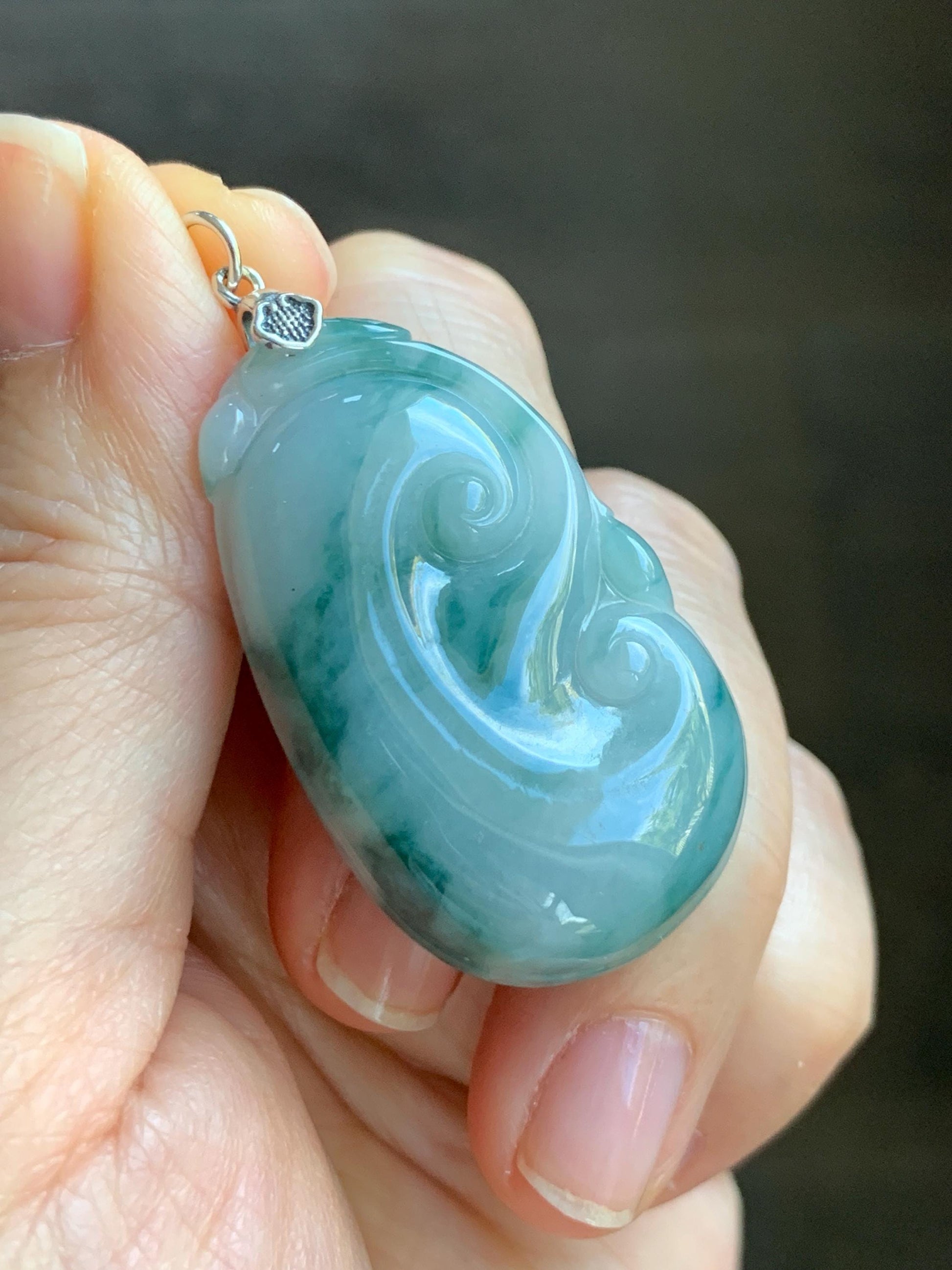 Natural Grade A Icy Translucent Dark Teal Green Marbled Jade Jadeite Ruyi Pendant Sterling Silver 11g 天然细糯飘花翡翠如意吊坠 MPR146B