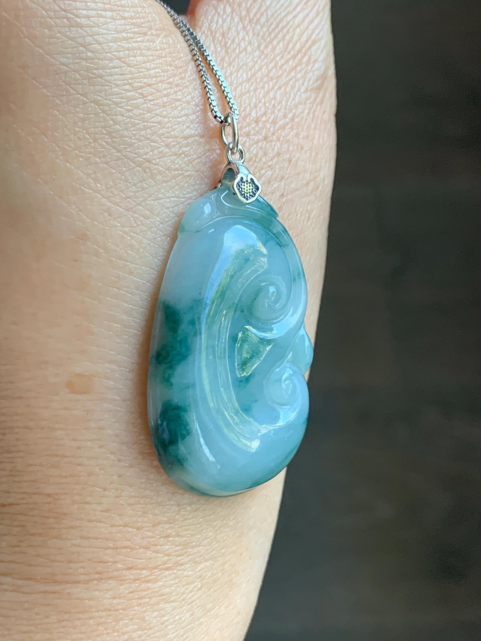 Natural Grade A Icy Translucent Dark Teal Green Marbled Jade Jadeite Ruyi Pendant Sterling Silver 11g 天然细糯飘花翡翠如意吊坠 MPR146B
