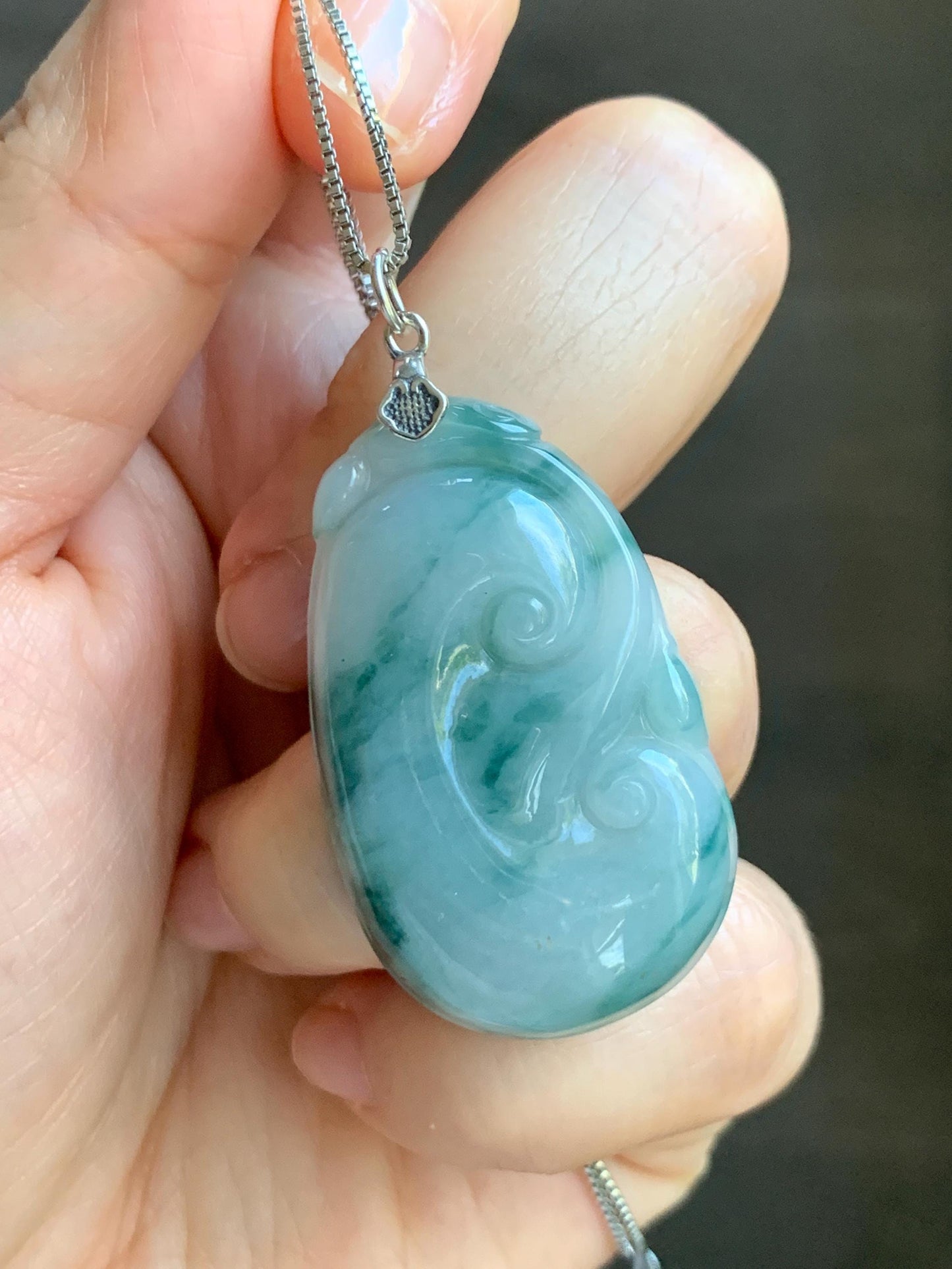 Natural Grade A Icy Translucent Dark Teal Green Marbled Jade Jadeite Ruyi Pendant Sterling Silver 11g 天然细糯飘花翡翠如意吊坠 MPR146B