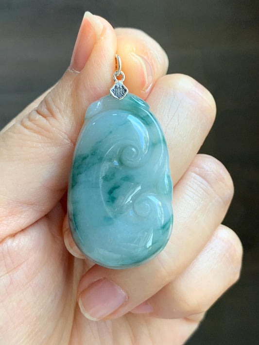 Natural Grade A Icy Translucent Dark Teal Green Marbled Jade Jadeite Ruyi Pendant Sterling Silver 11g 天然细糯飘花翡翠如意吊坠 MPR146B