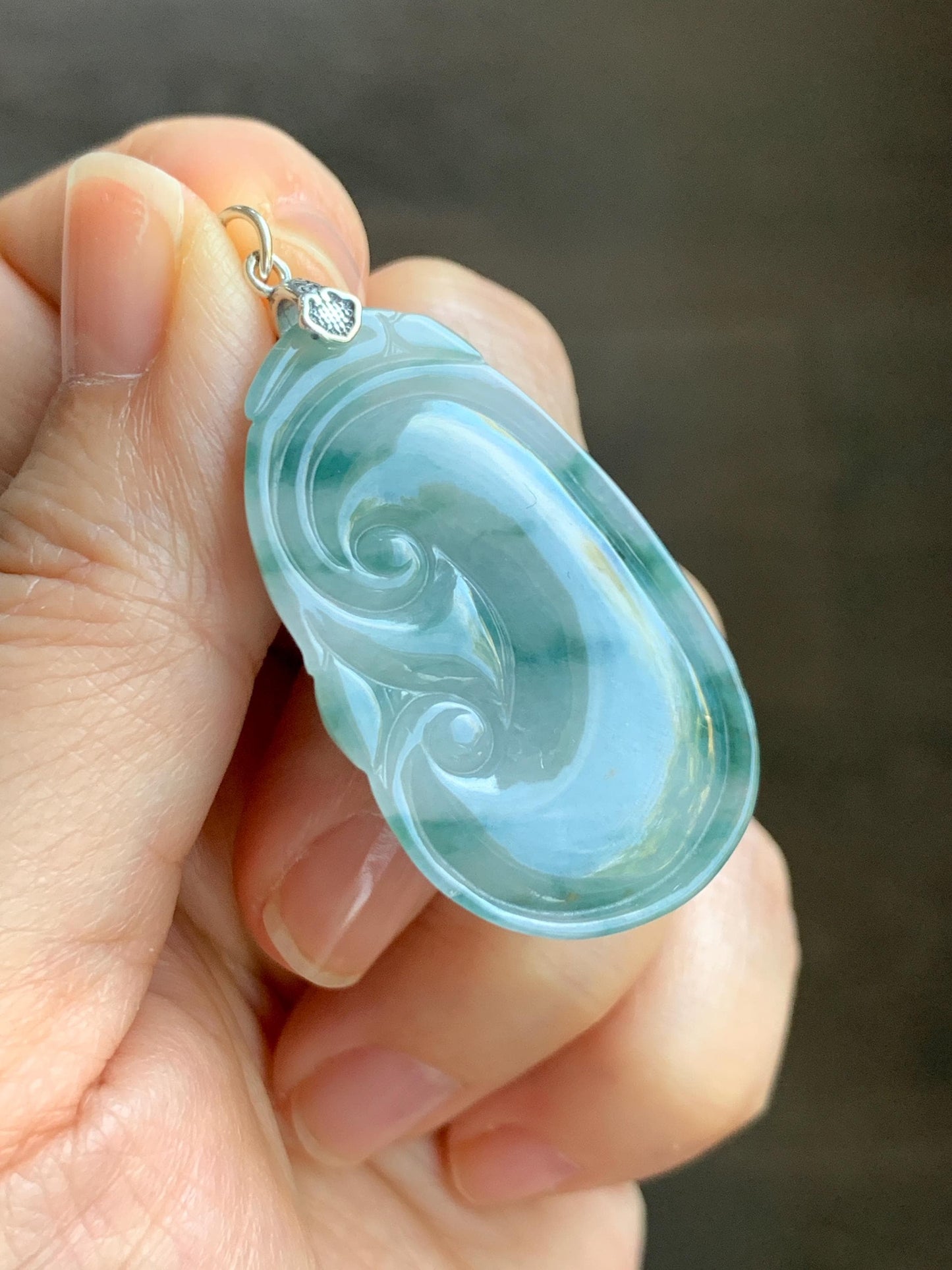 Natural Grade A Icy Translucent Dark Teal Green Marbled Jade Jadeite Ruyi Pendant Sterling Silver 11g 天然细糯飘花翡翠如意吊坠 MPR146B