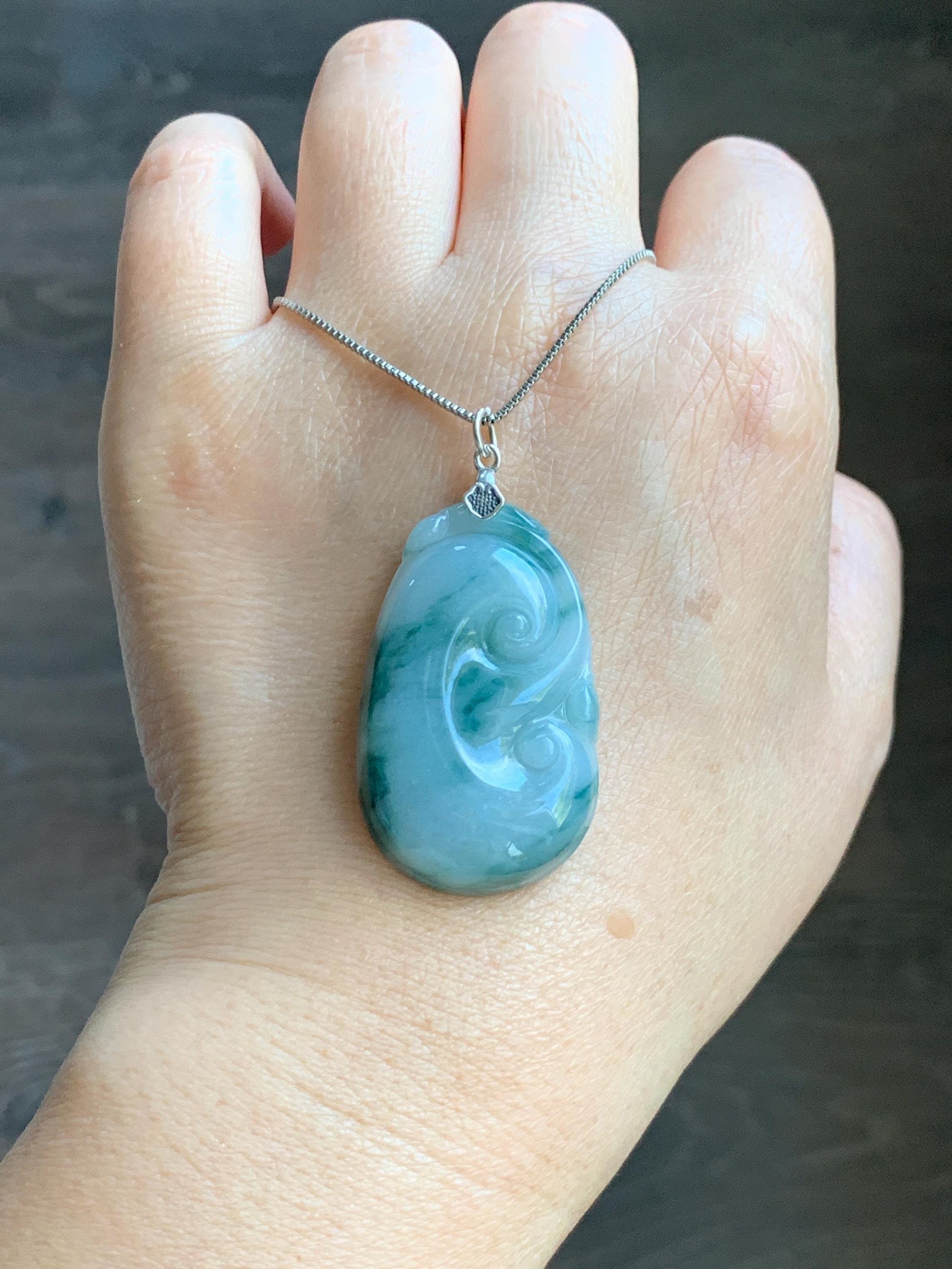 Natural Grade A Icy Translucent Dark Teal Green Marbled Jade Jadeite Ruyi Pendant Sterling Silver 11g 天然细糯飘花翡翠如意吊坠 MPR146B