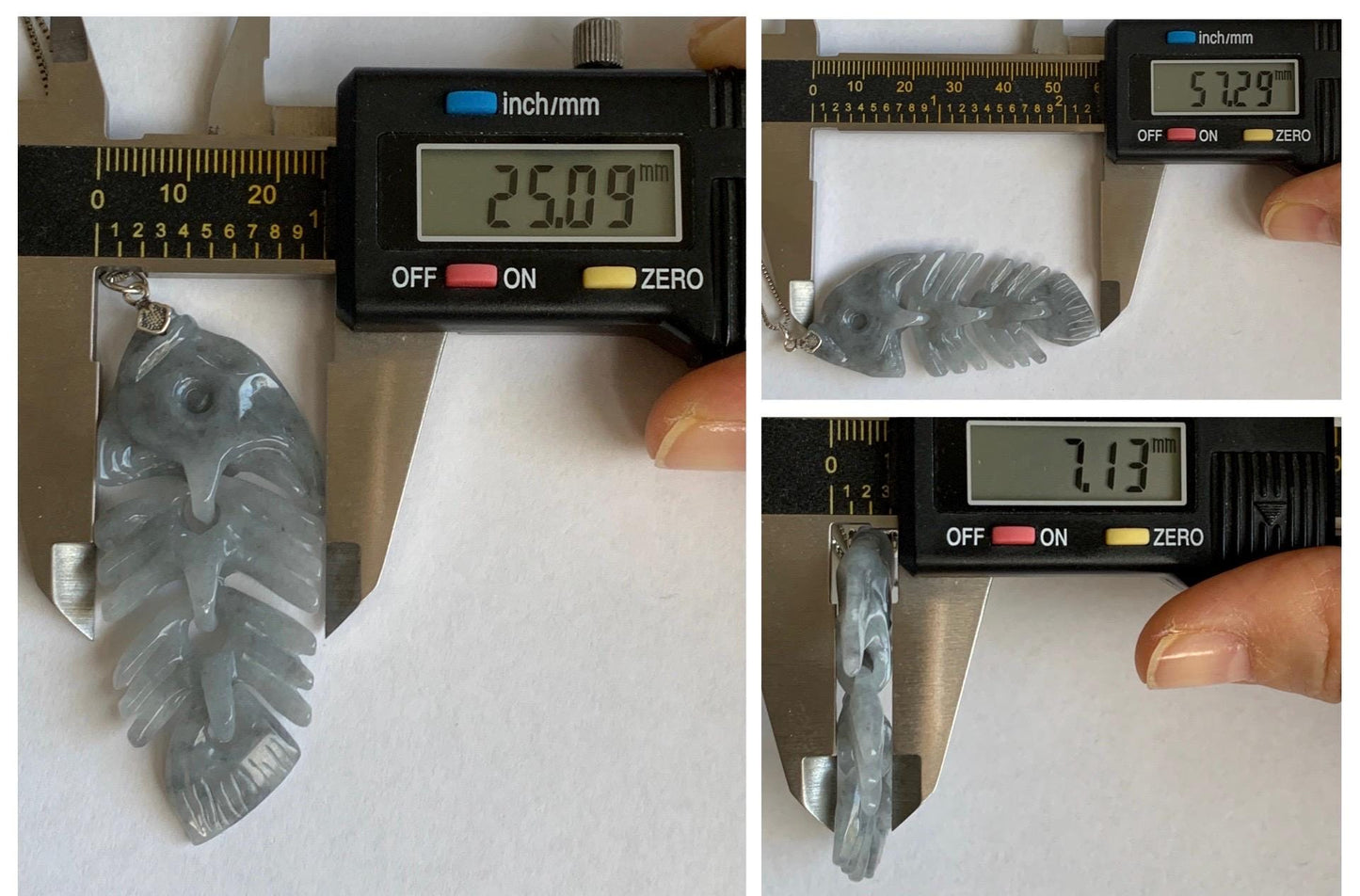 Natural Grade A Icy Translucent Light Gray Wuji Jade Jadeite Fish Bone Pendant Sterling Silver 10g 天然细糯乌鸡翡翠鱼骨头吊坠 MWY220