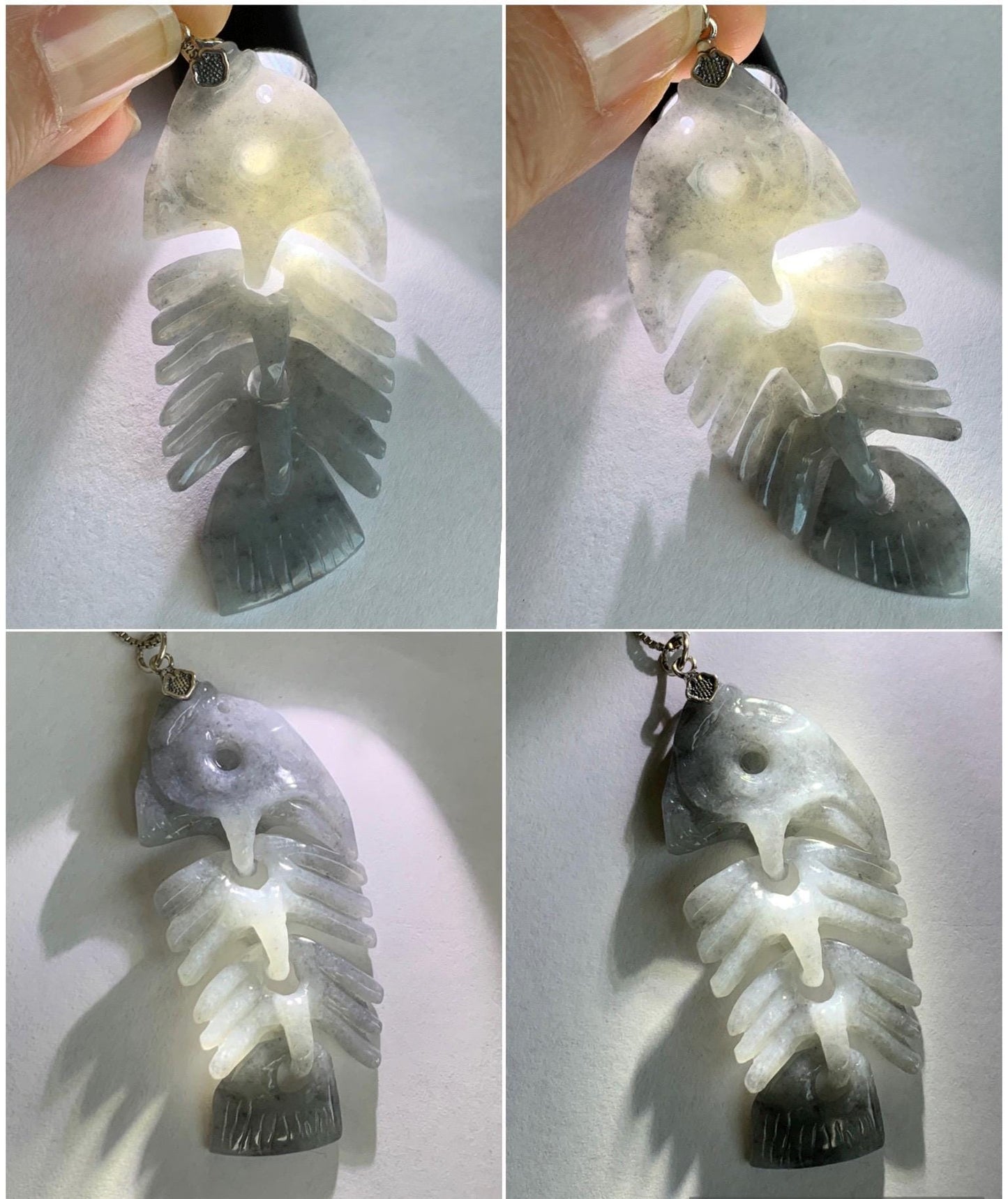 Natural Grade A Icy Translucent Light Gray Wuji Jade Jadeite Fish Bone Pendant Sterling Silver 10g 天然细糯乌鸡翡翠鱼骨头吊坠 MWY220