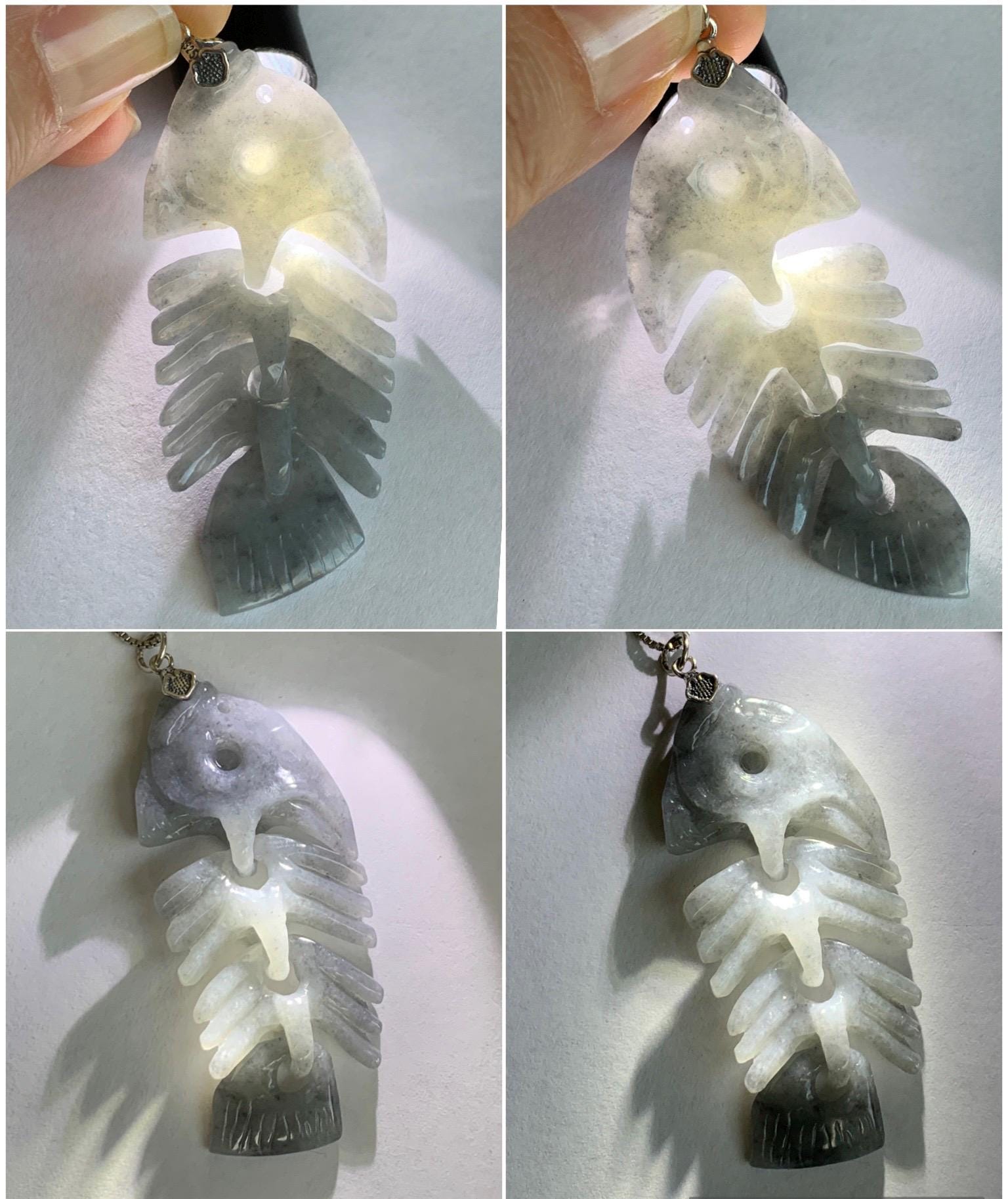 Natural Grade A Icy Translucent Light Gray Wuji Jade Jadeite Fish Bone Pendant Sterling Silver 10g 天然细糯乌鸡翡翠鱼骨头吊坠 MWY220