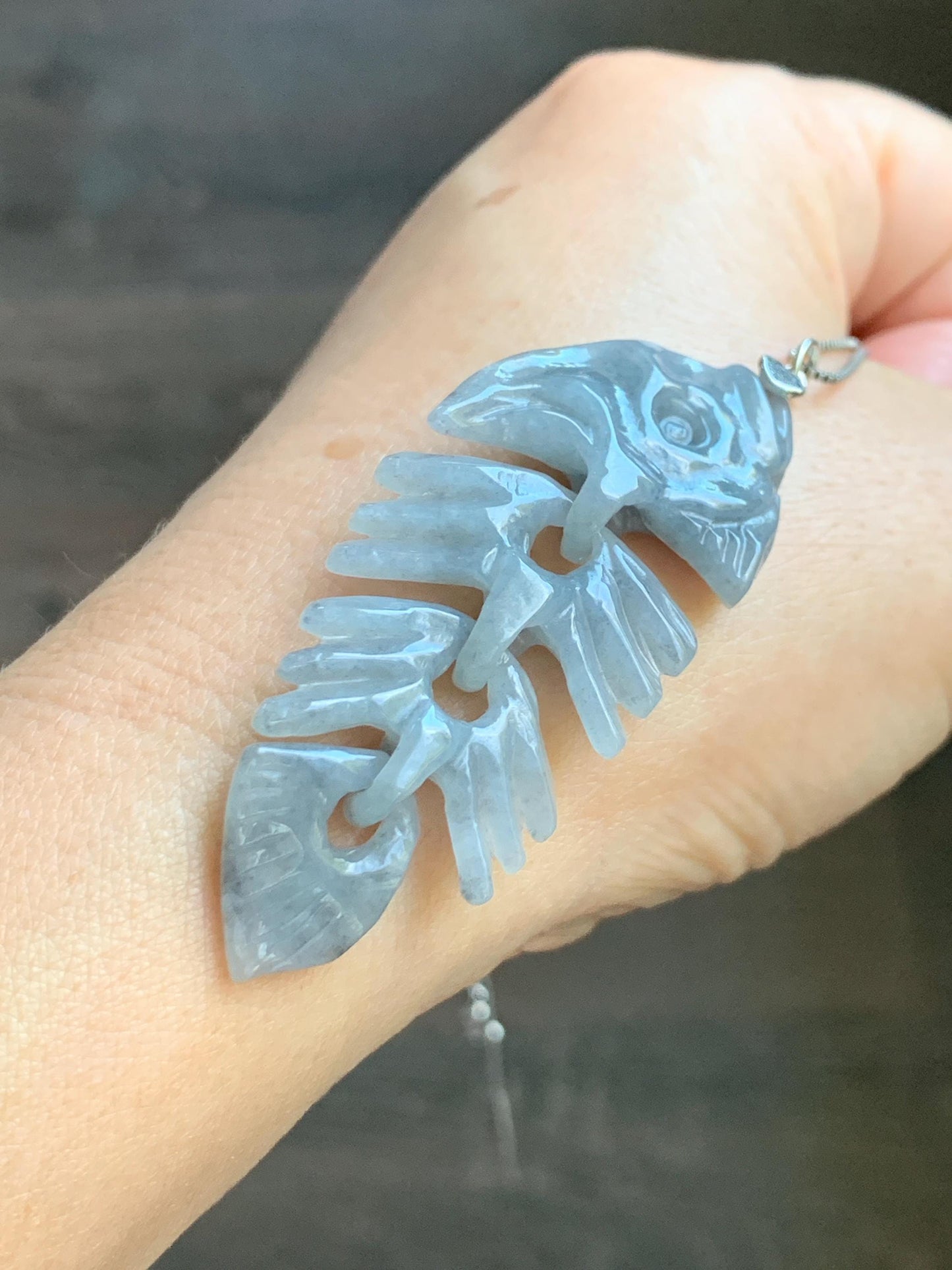 Natural Grade A Icy Translucent Light Gray Wuji Jade Jadeite Fish Bone Pendant Sterling Silver 10g 天然细糯乌鸡翡翠鱼骨头吊坠 MWY220
