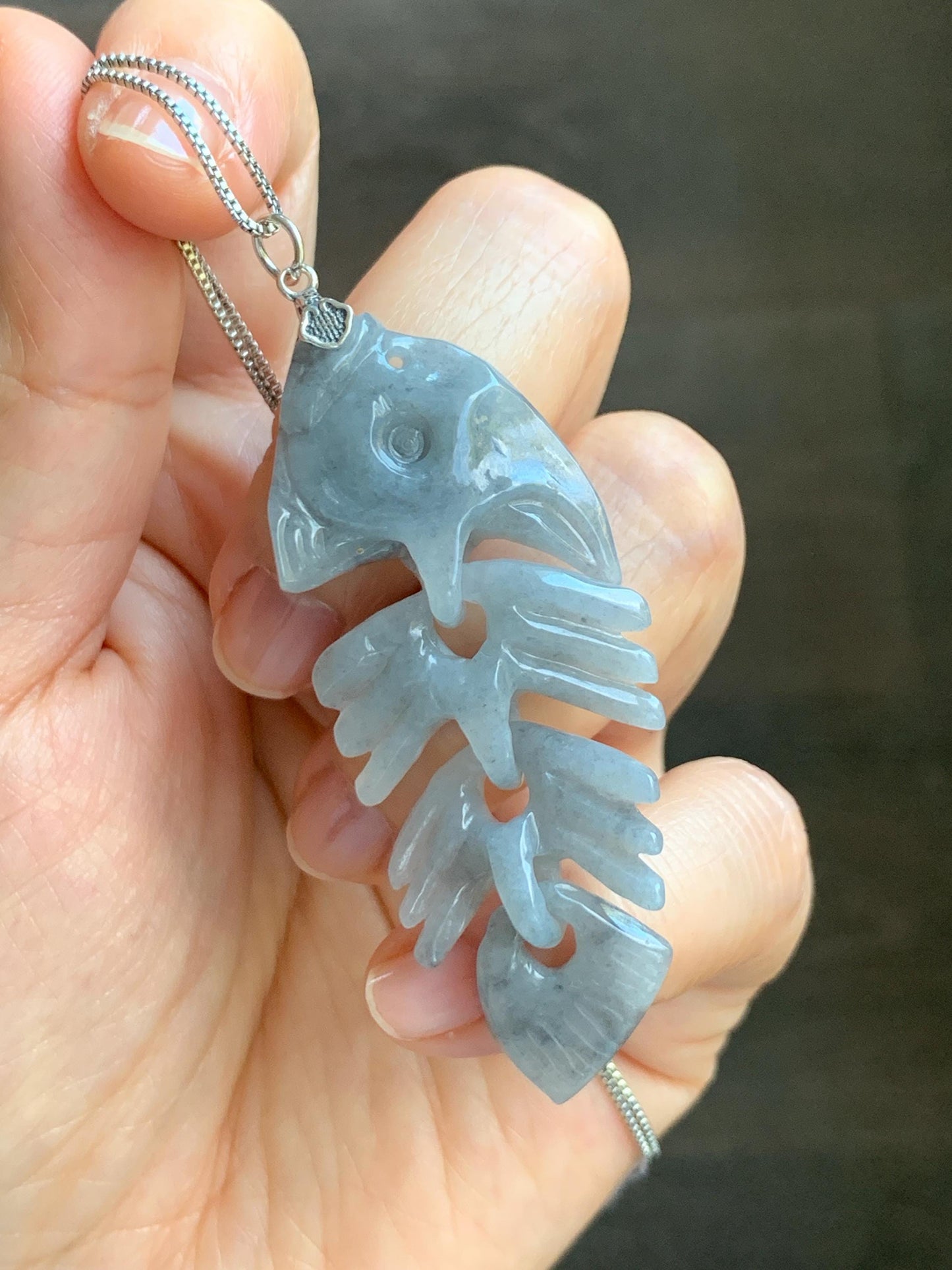 Natural Grade A Icy Translucent Light Gray Wuji Jade Jadeite Fish Bone Pendant Sterling Silver 10g 天然细糯乌鸡翡翠鱼骨头吊坠 MWY220