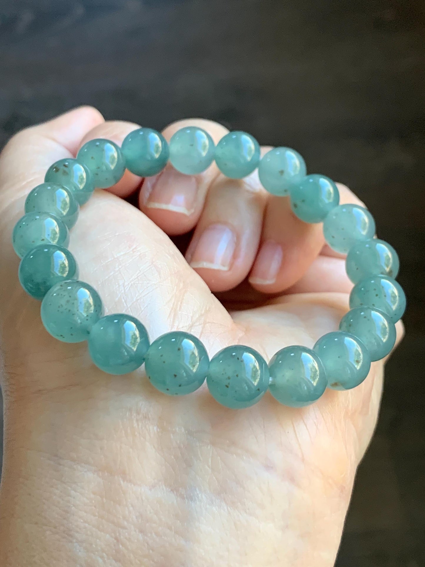 Natural Grade A Guatemalan Icy Translucent Teal Blue Brown Marbled Jade Jadeite Beaded Bracelet Stretchy 9.5mm 7.25” 31g 天然冰危蓝撒金翡翠圆珠手串WSJ550